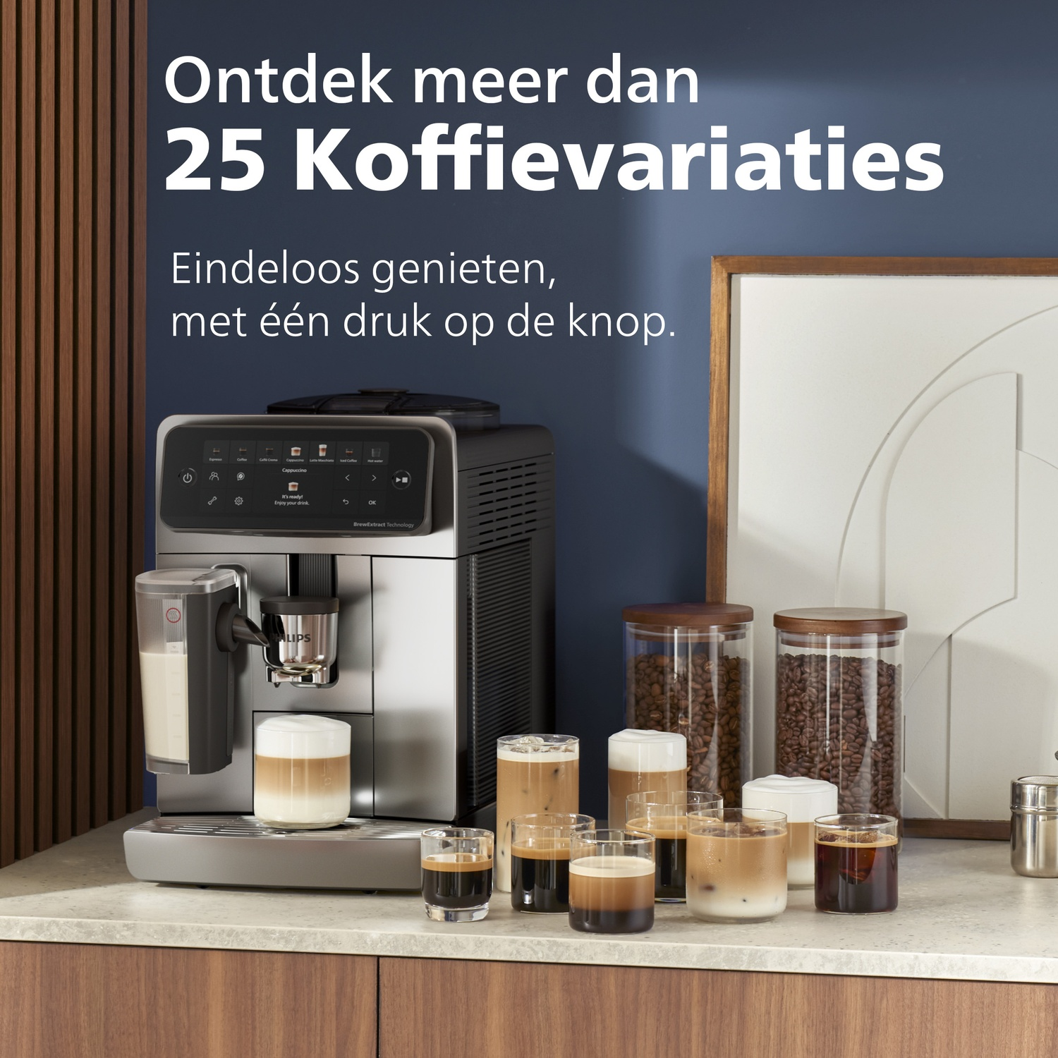 A coffee maker with jars of beans and various glasses of coffee specialties on a kitchen counter.