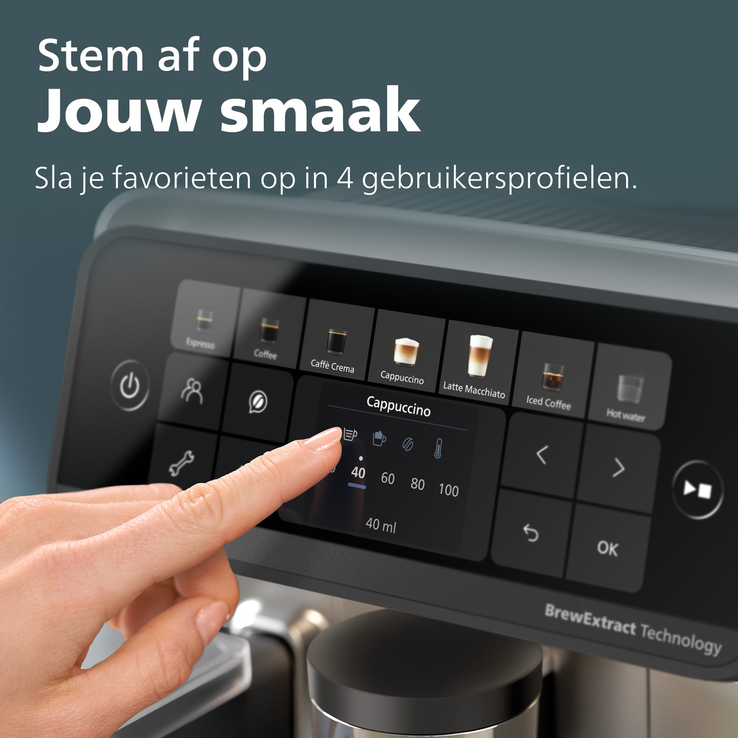 Hand touching a coffee machine touch display, selecting cappuccino with Dutch text above.