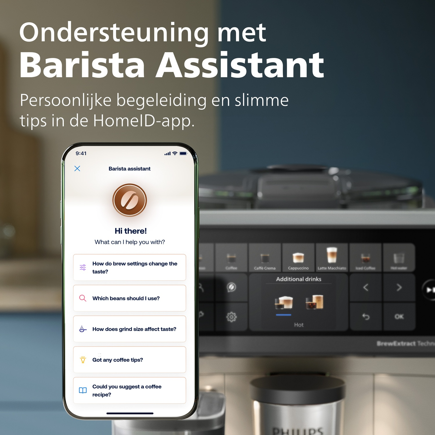 Smartphone displaying the Barista Assistant app in front of a Philips coffee machine.