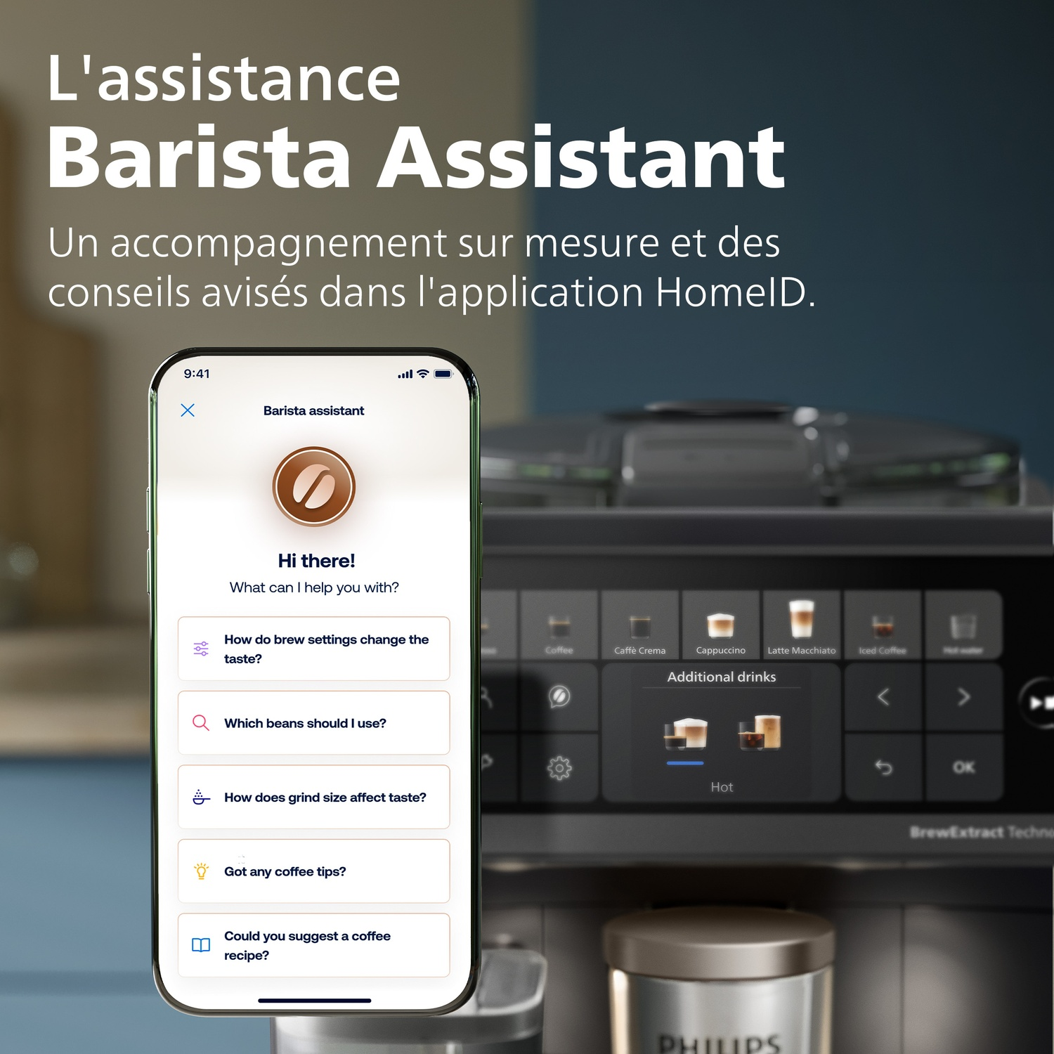 Smartphone affichant l'application Barista Assistant devant une machine à café avec du texte.