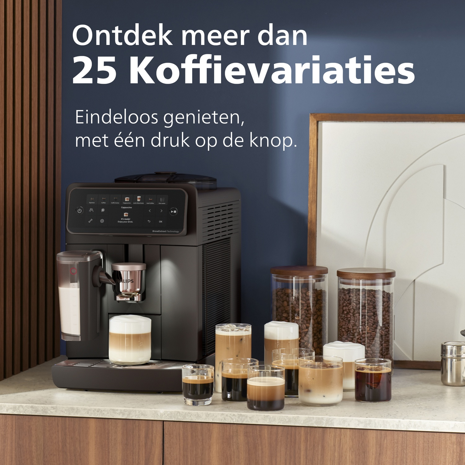 Modern black coffee machine on a countertop with various coffee drinks in glasses arranged in front of it.