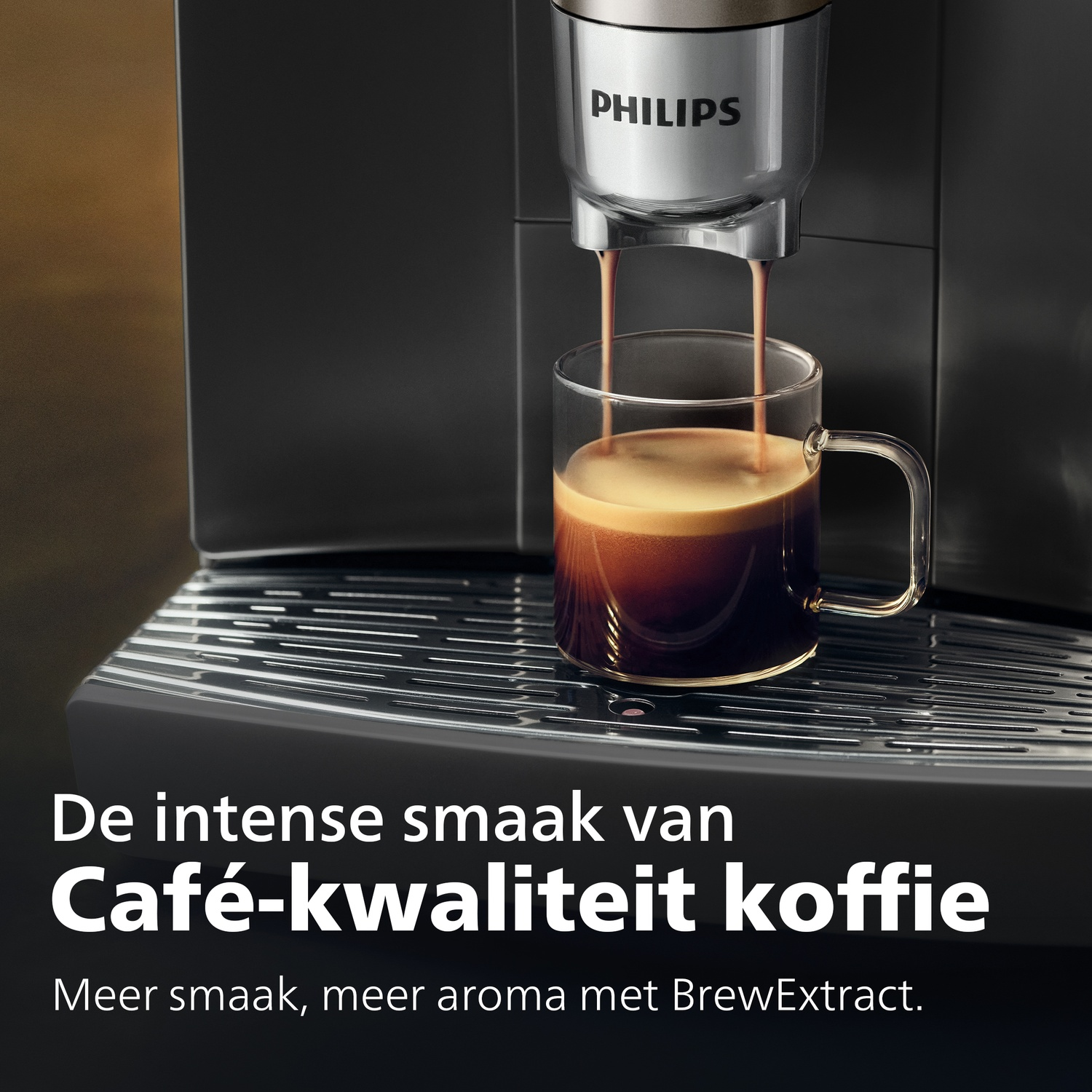 A Philips coffee machine dispenses espresso into a clear glass mug on a metal drip tray, with text below.