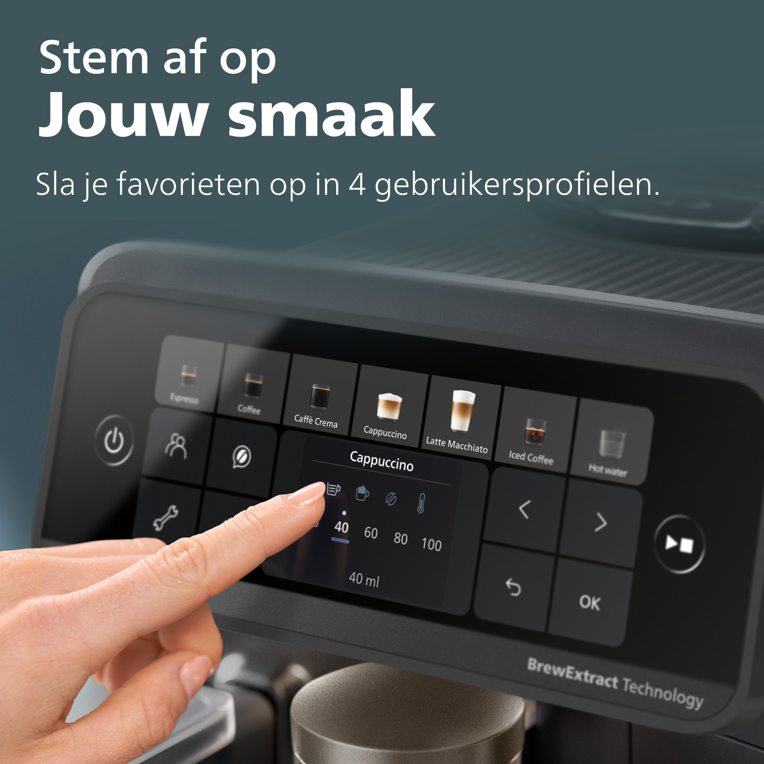 A hand operating the digital touch display of a coffee machine.