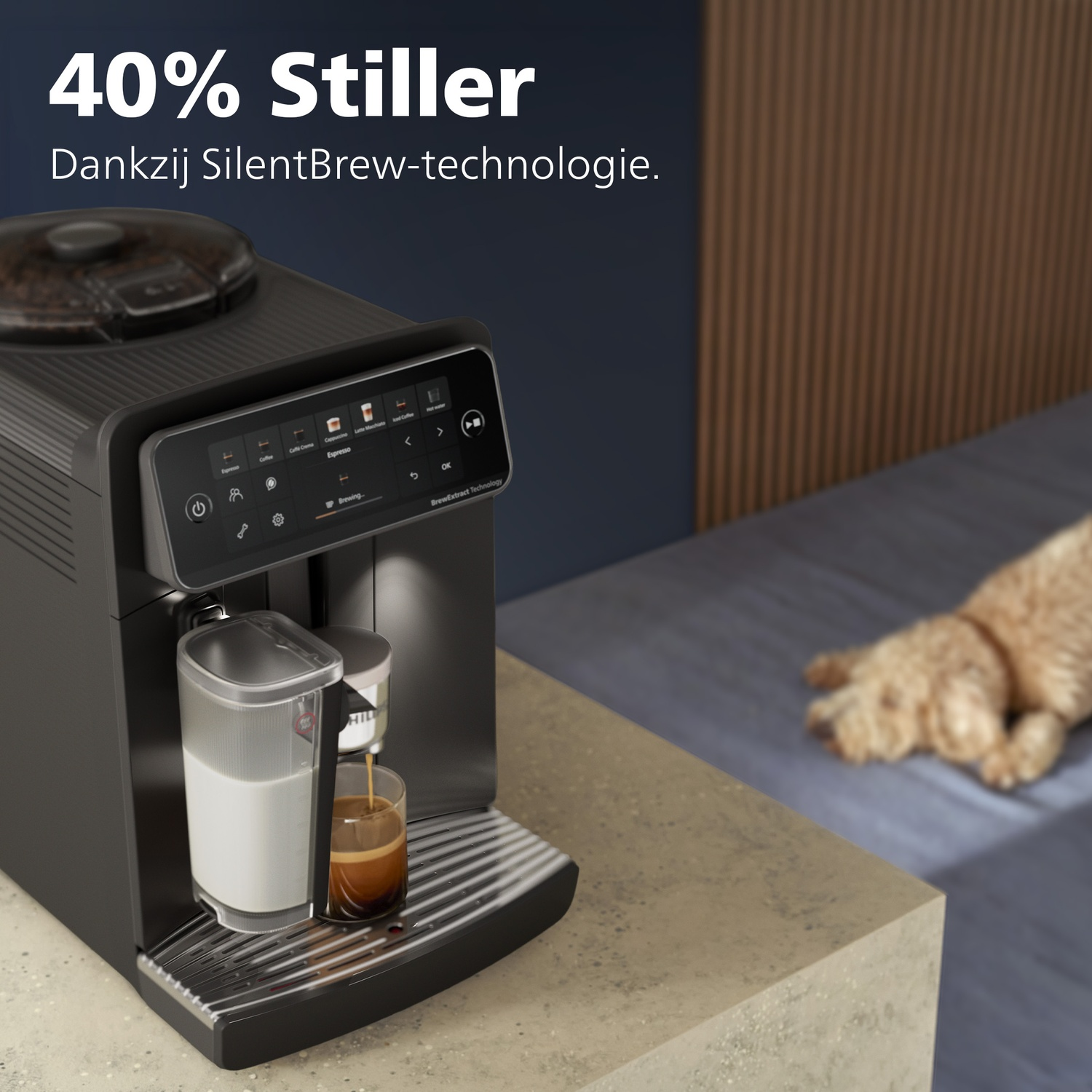 Black coffee machine on a kitchen counter pouring espresso, with a sleeping dog in the background.