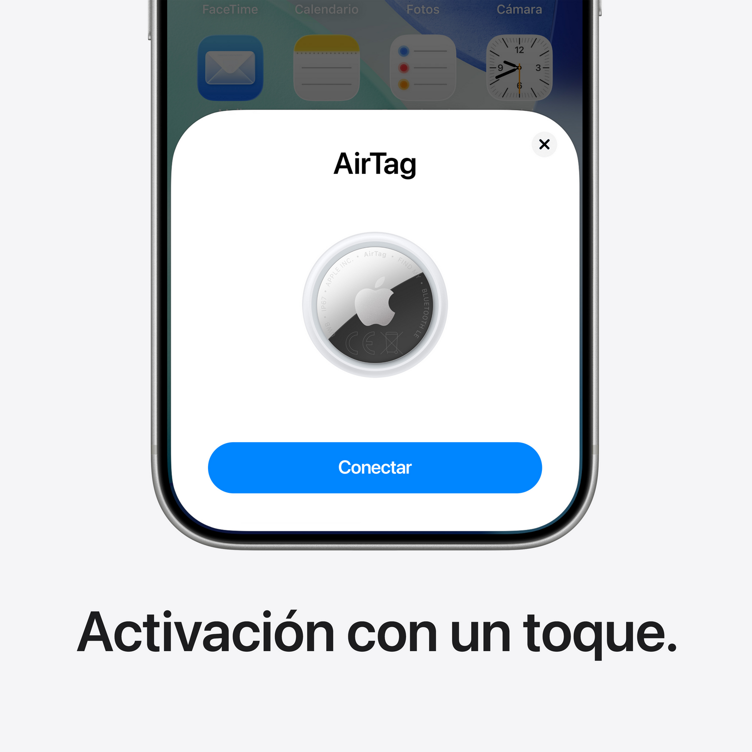 Pantalla de smartphone mostrando una ventana emergente de configuración de AirTag con botón azul.