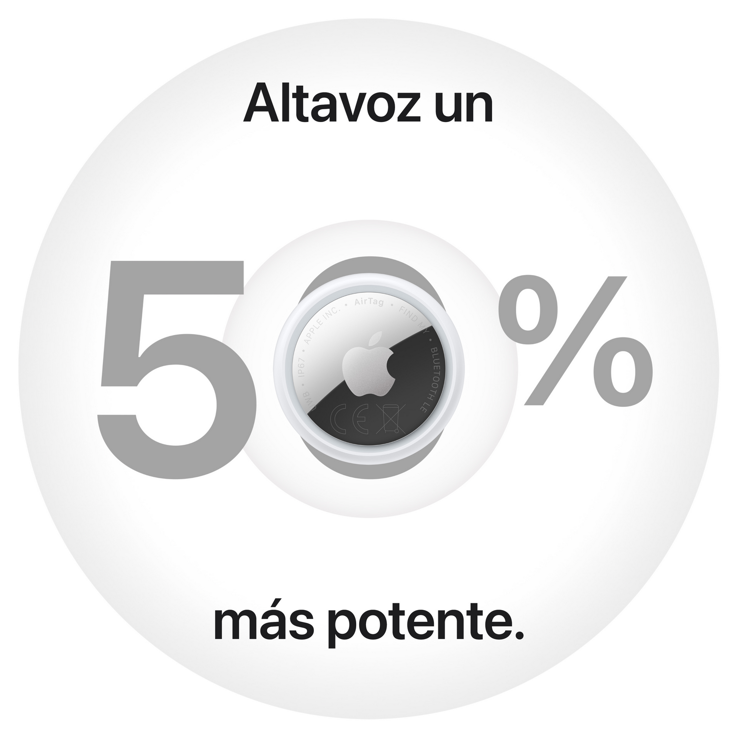 Un Apple AirTag en el centro con un texto del 50 por ciento de potencia.