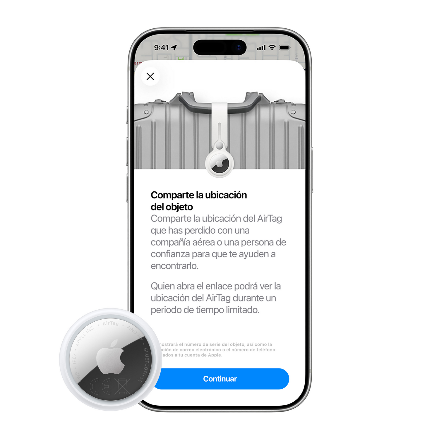 Pantalla de smartphone con función de compartir ubicación de AirTag y un dispositivo AirTag en primer plano.