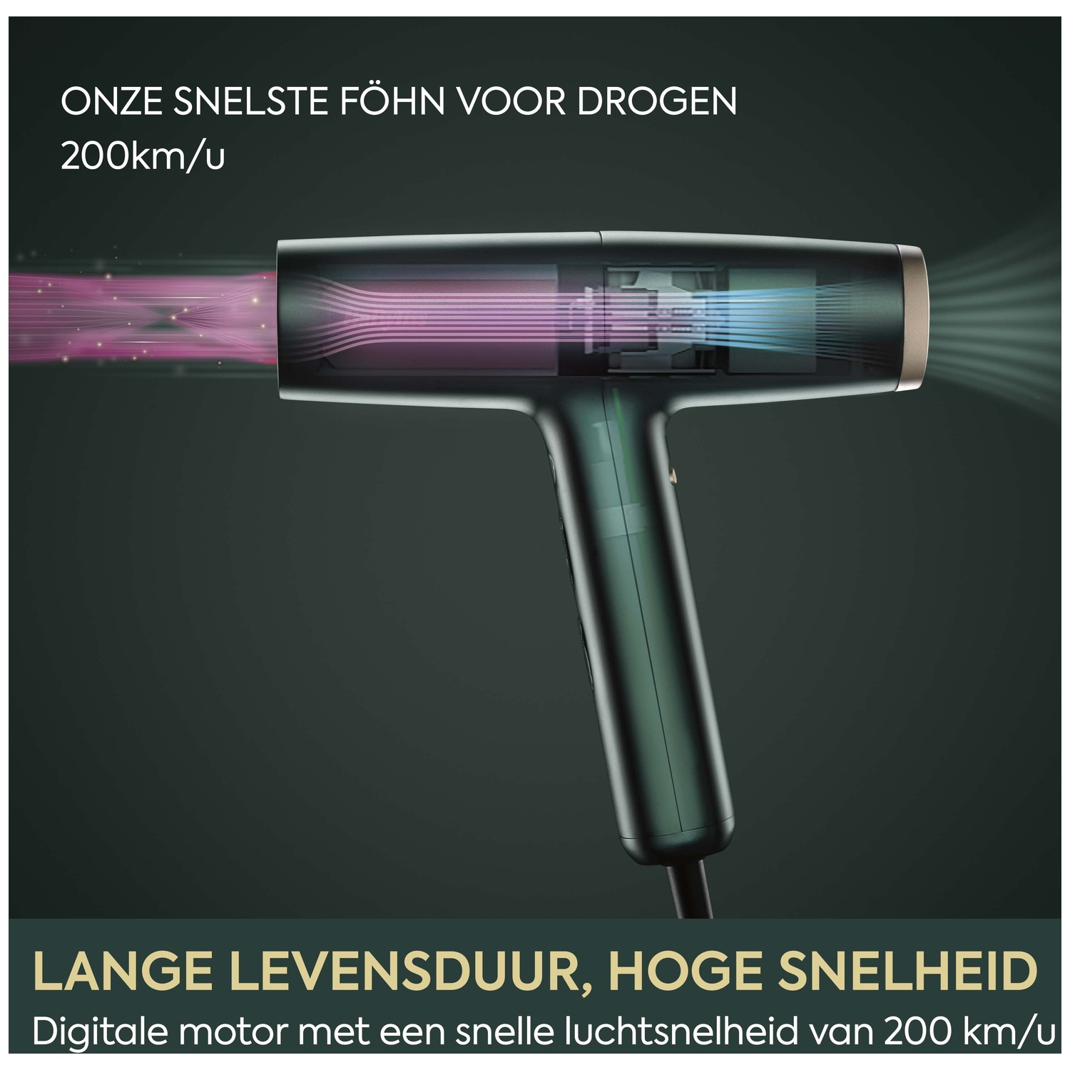 A green hairdryer with a transparent housing shows airflow and motor against a dark background.