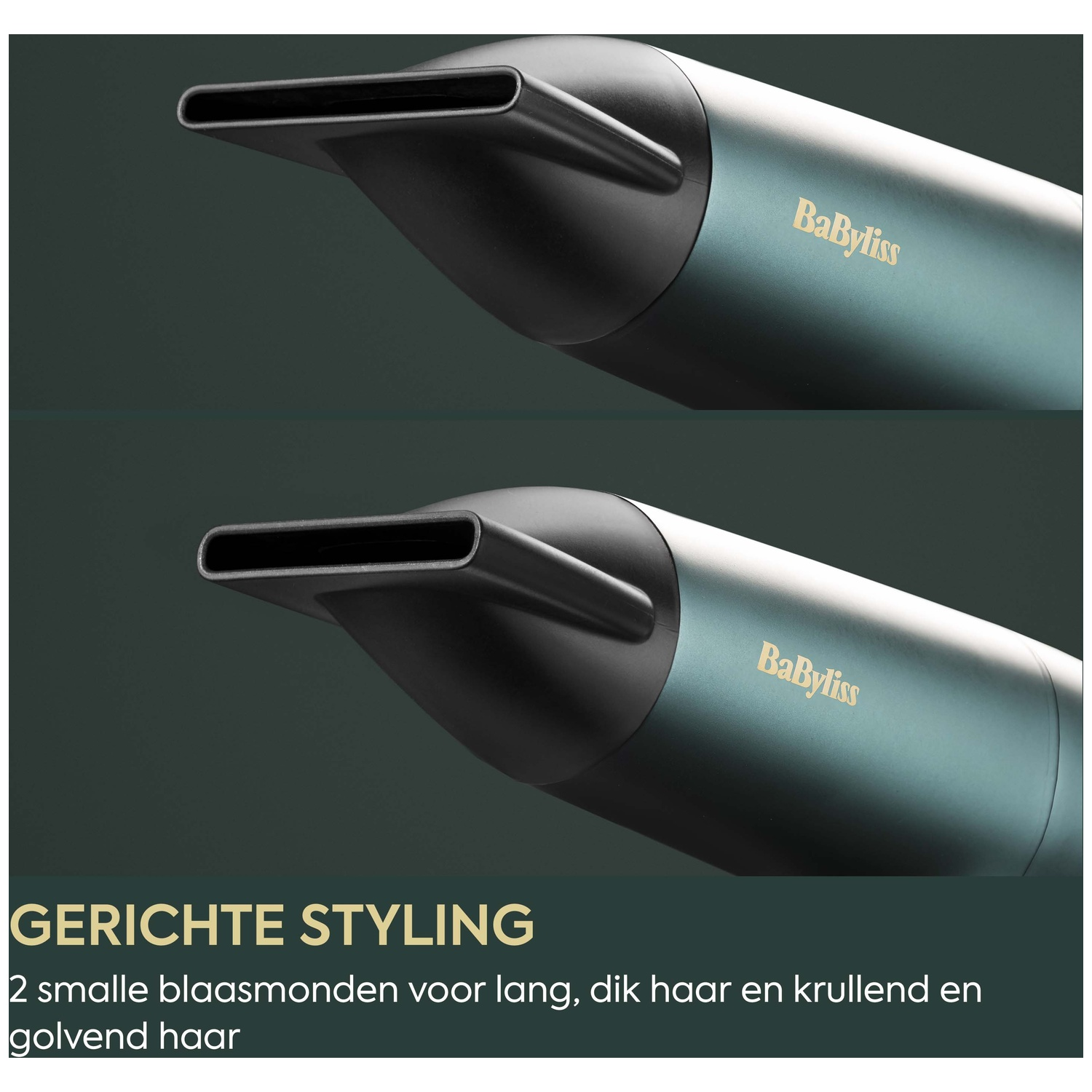 Two views of the BaByliss hair dryer nozzle against a dark background.