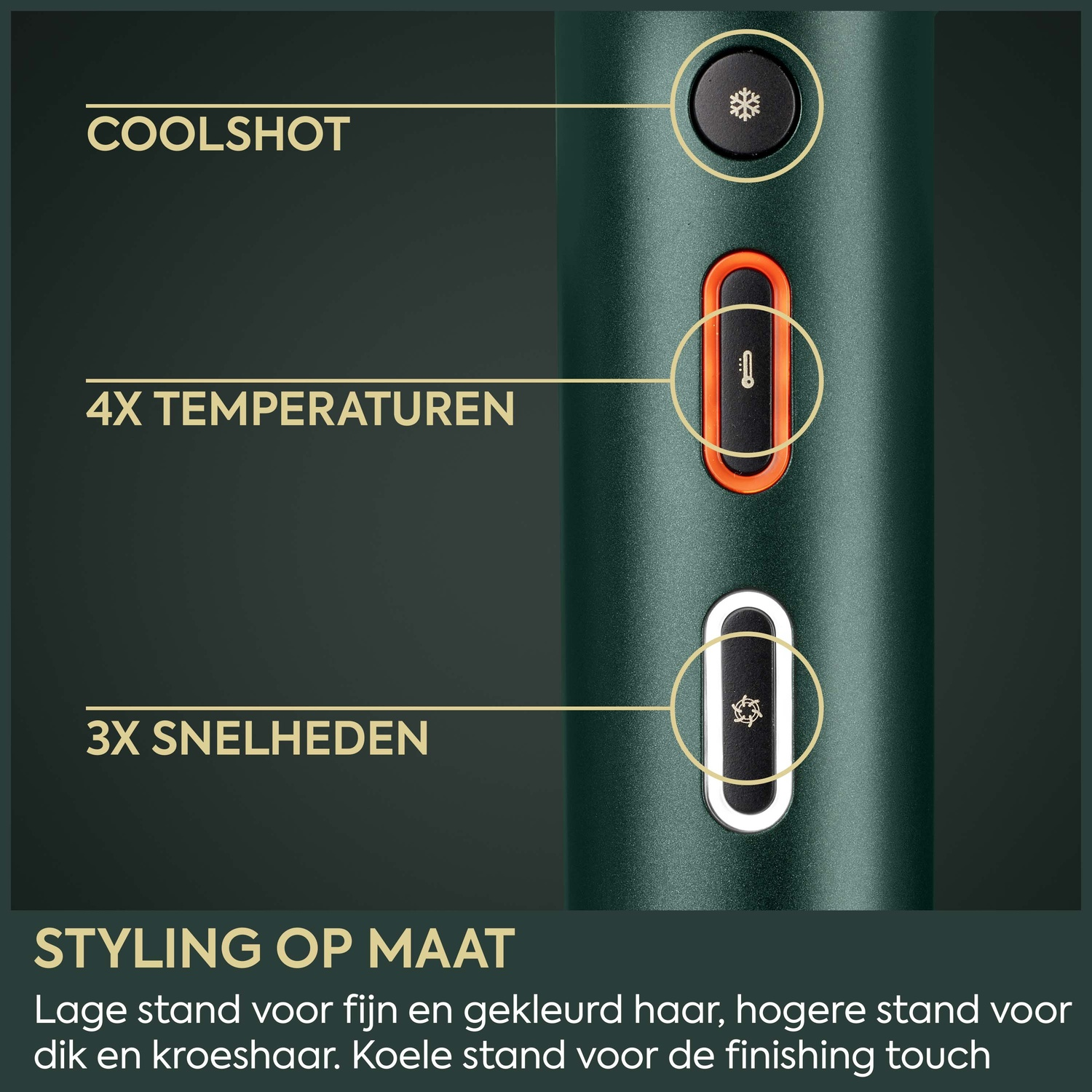 Green hair dryer showing coolshot, temperature, and speed buttons.