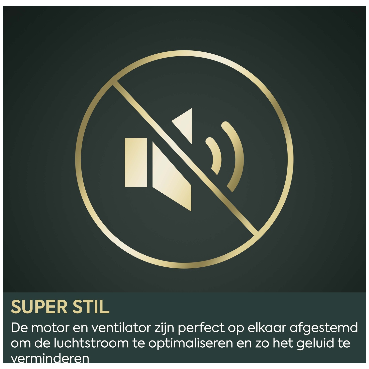 Golden speaker symbol with a slash on dark green background, indicating low noise or quiet operation.