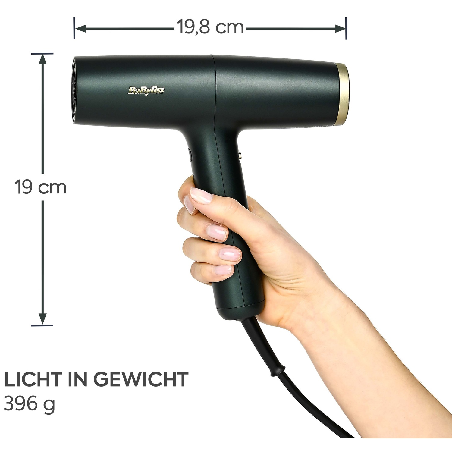 Hand holding a compact black BaByliss hair dryer, with dimension indicators and 396 g weight.
