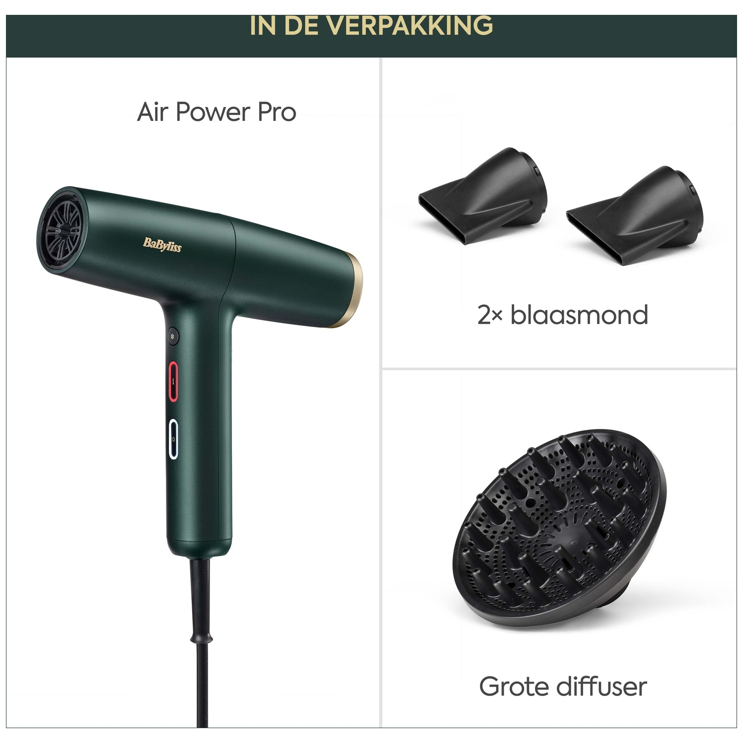Green BaByliss hair dryer with two nozzles and a diffuser.