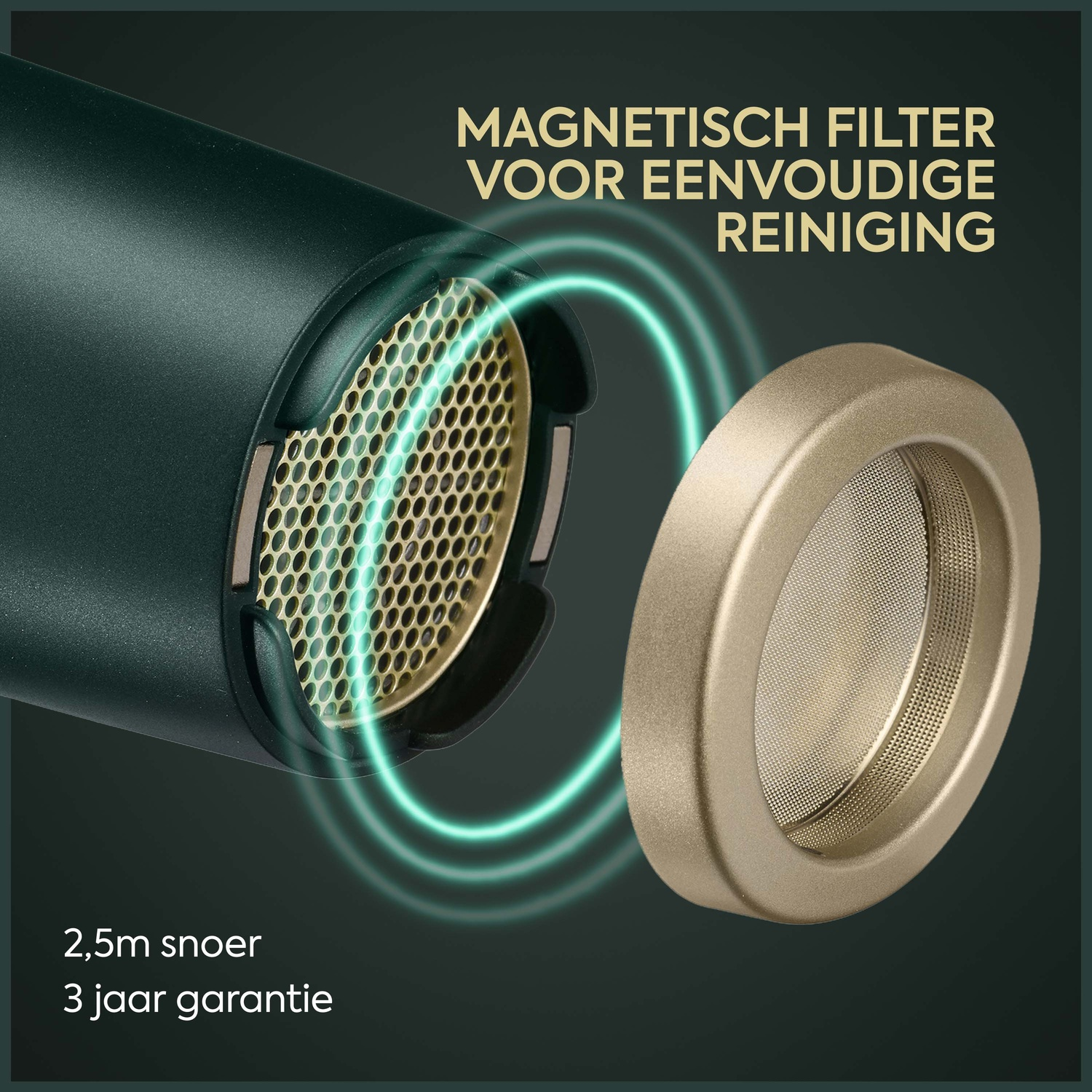 A hair dryer with a detachable magnetic filter and text on a dark background.