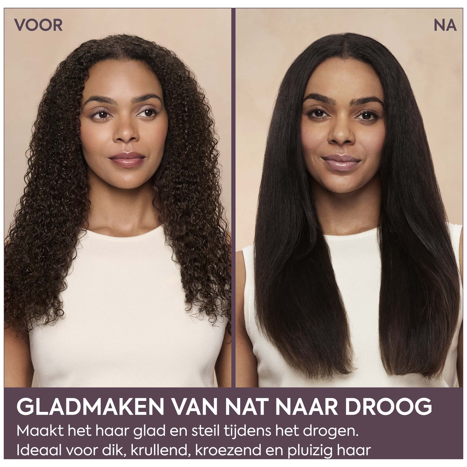 Before and after comparison of a woman with curly hair on the left and straightened hair on the right.