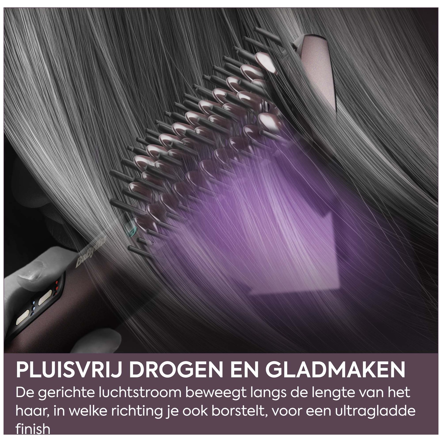 A hair straightening brush smoothing grey hair with a purple airflow.
