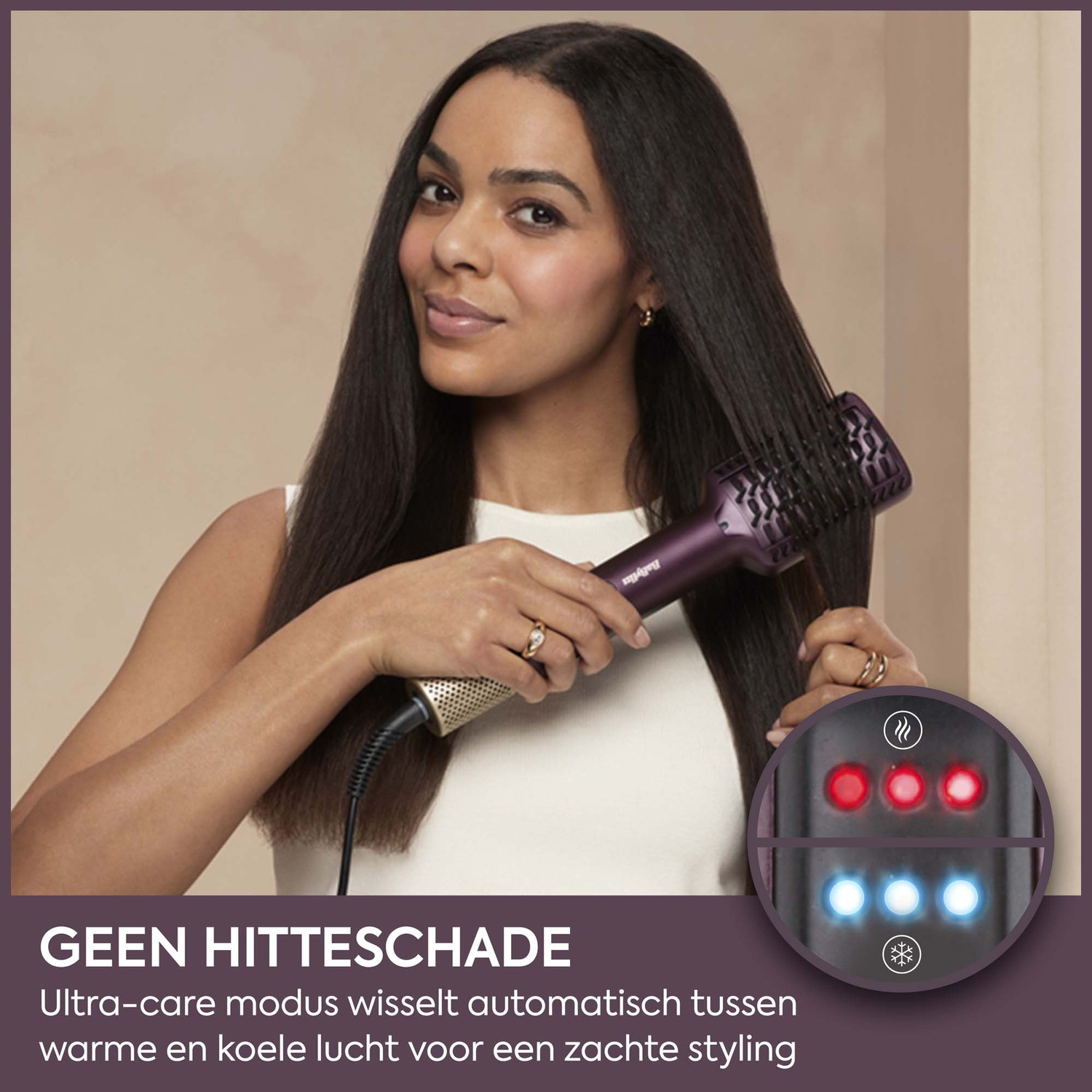 A woman styles her straight hair with a purple hot air brush, with text and indicator lights overlaid.
