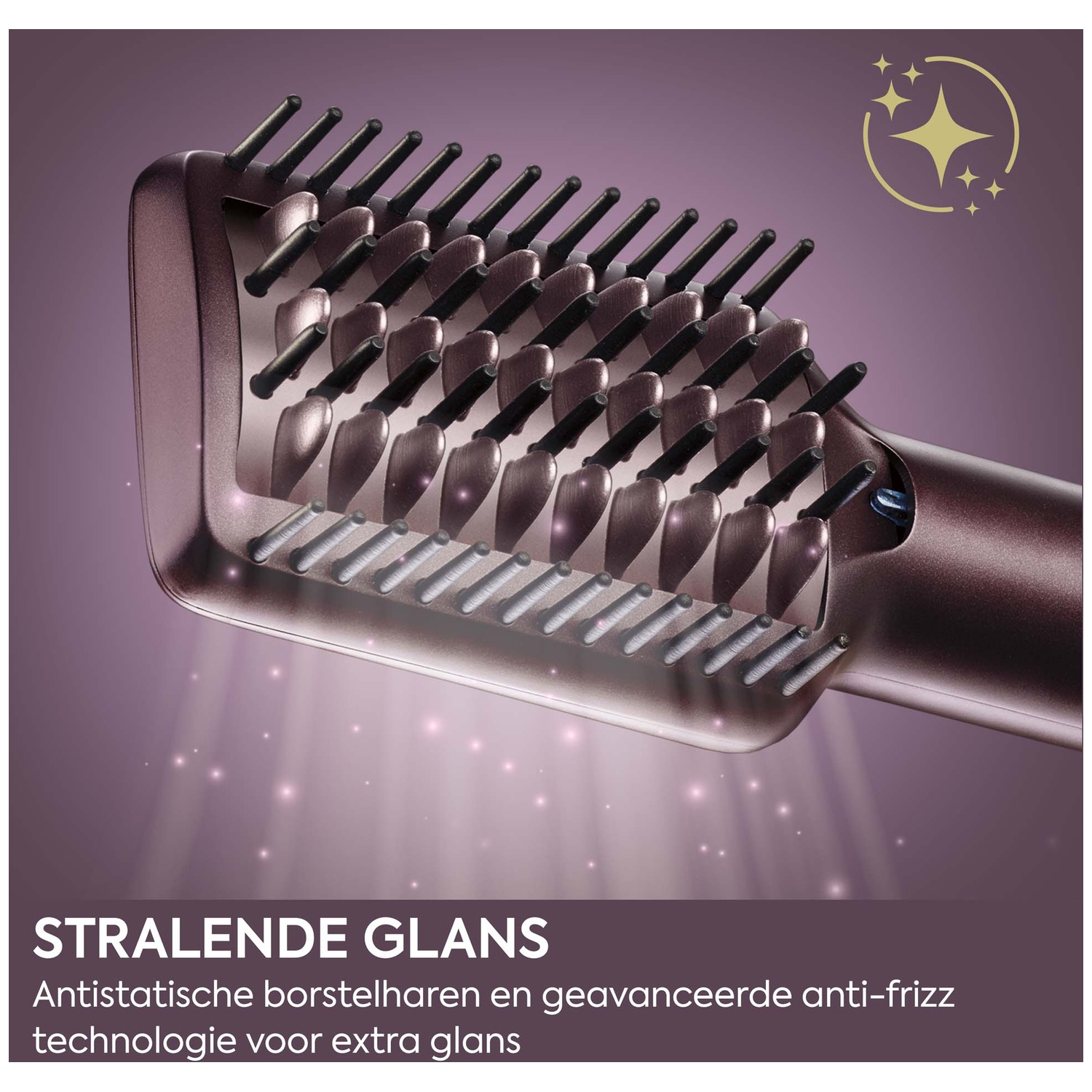 A rose-gold hairbrush with black bristles and shine effect on a purple background.