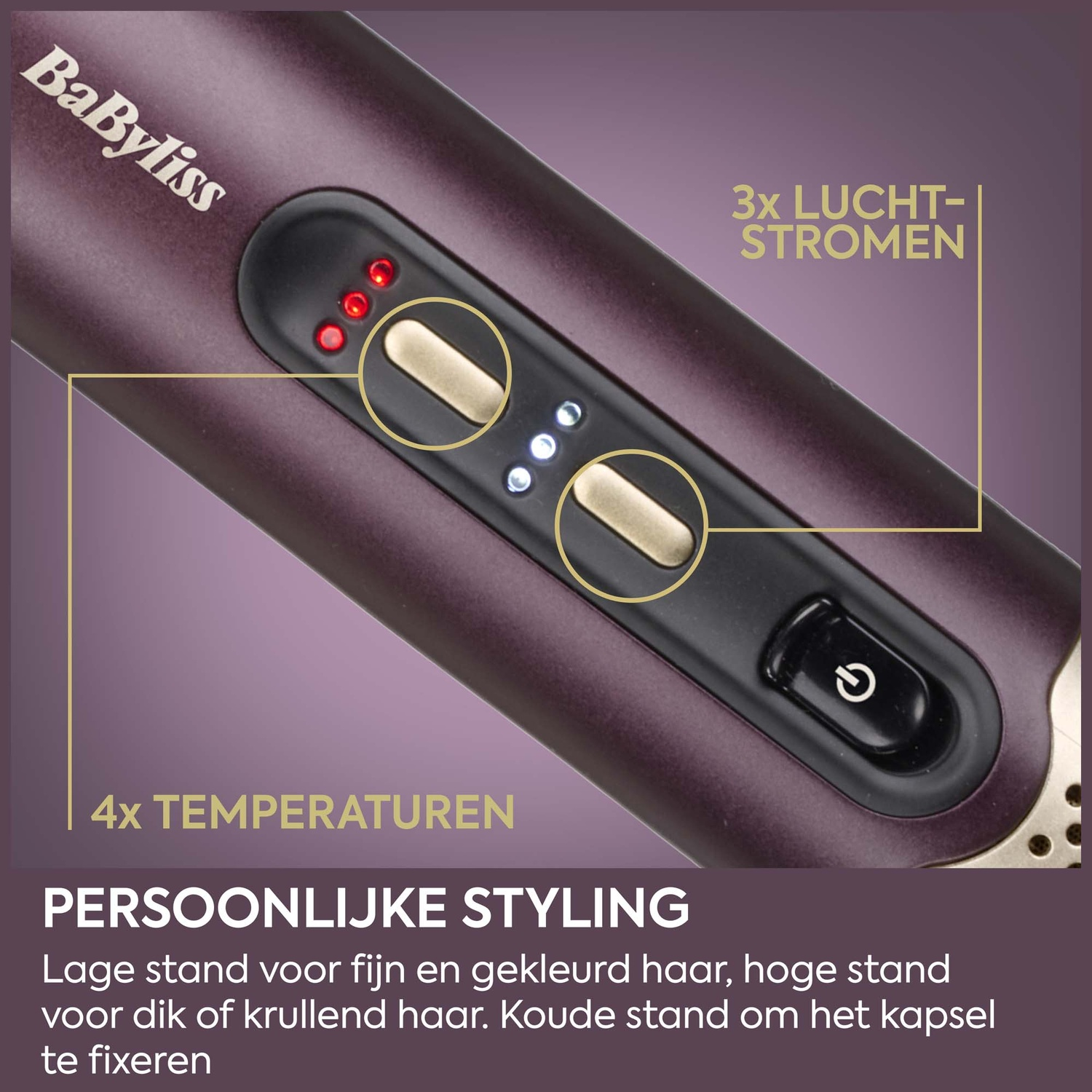 Babyliss hair styling tool with temperature and airflow buttons, and text about personal settings.
