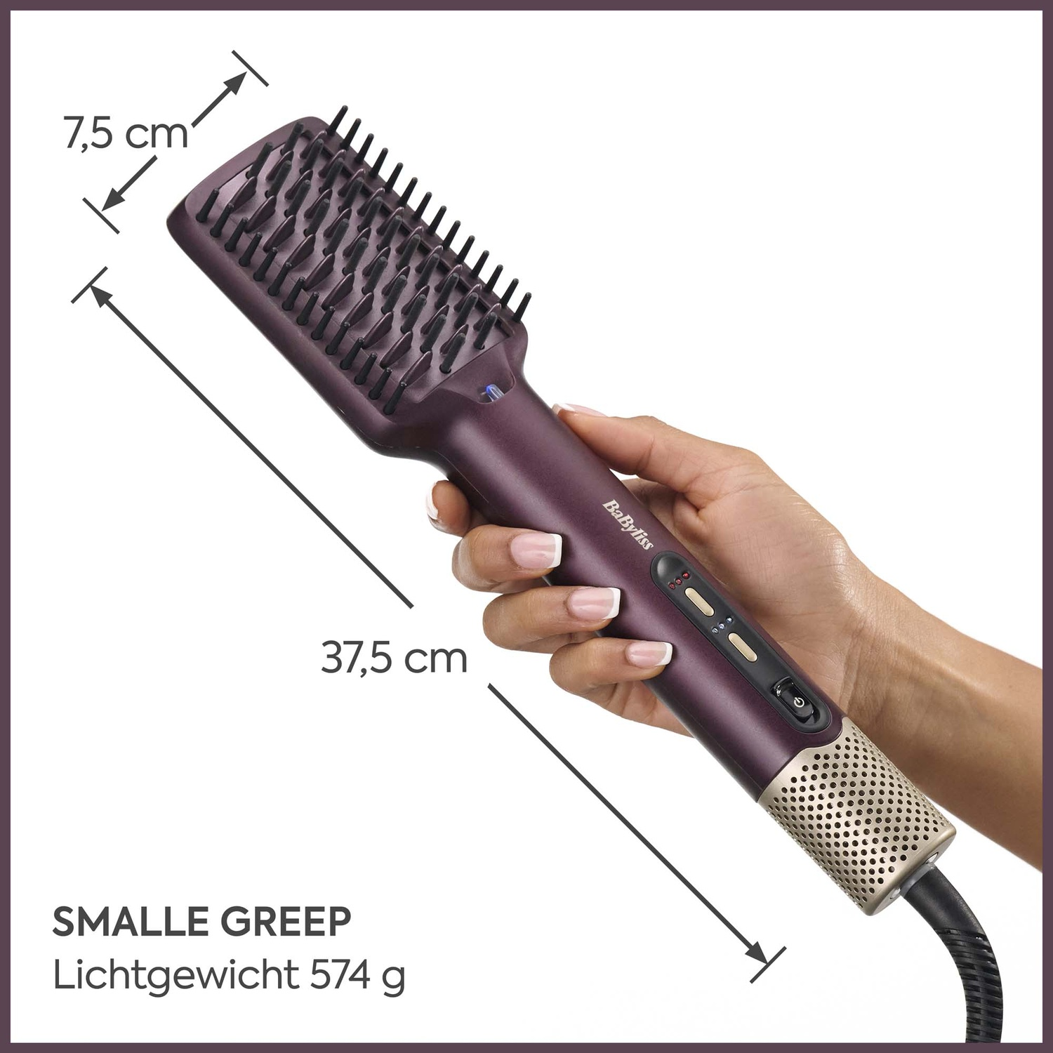 Hand holding purple BaByliss hair brush showing dimensions of 37.5 and 7.5 cm and weight 574 g.