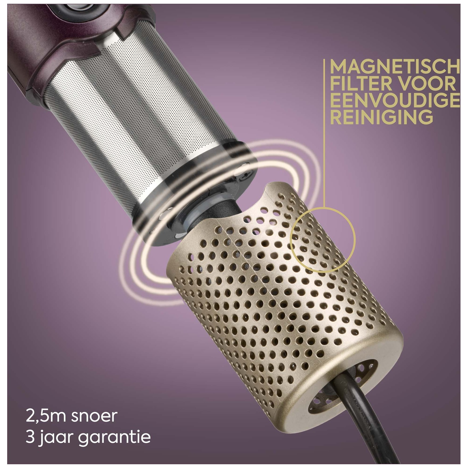 Hair dryer with detachable magnetic filter for easy cleaning, including text in Dutch.