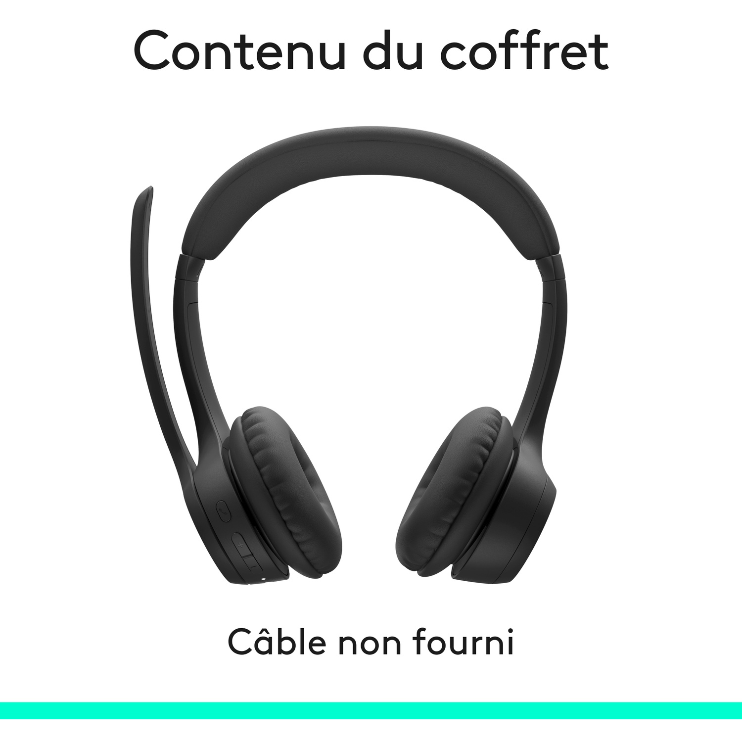 Casque supra-auriculaire sans fil noir avec perche micro et texte.