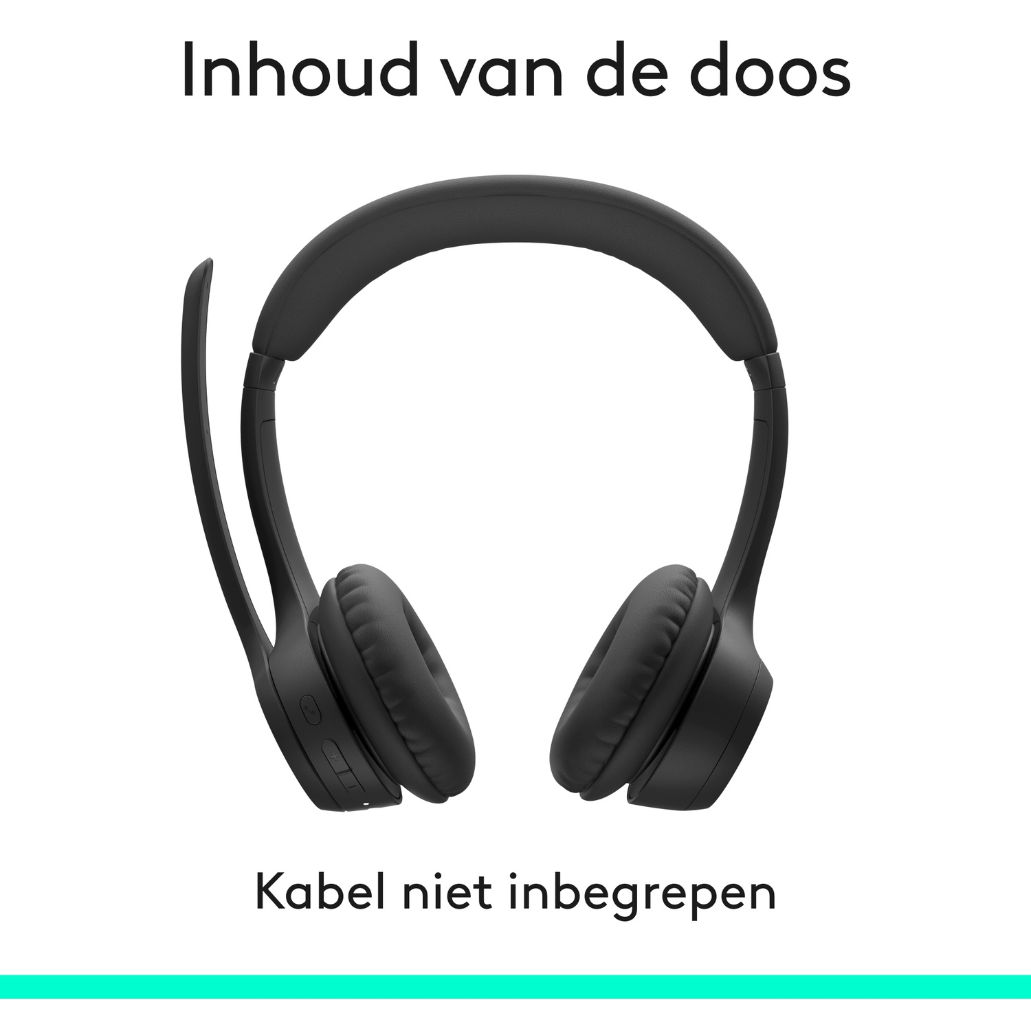 Zwarte headset met microfoonarm en tekst boven en onder op een witte achtergrond.