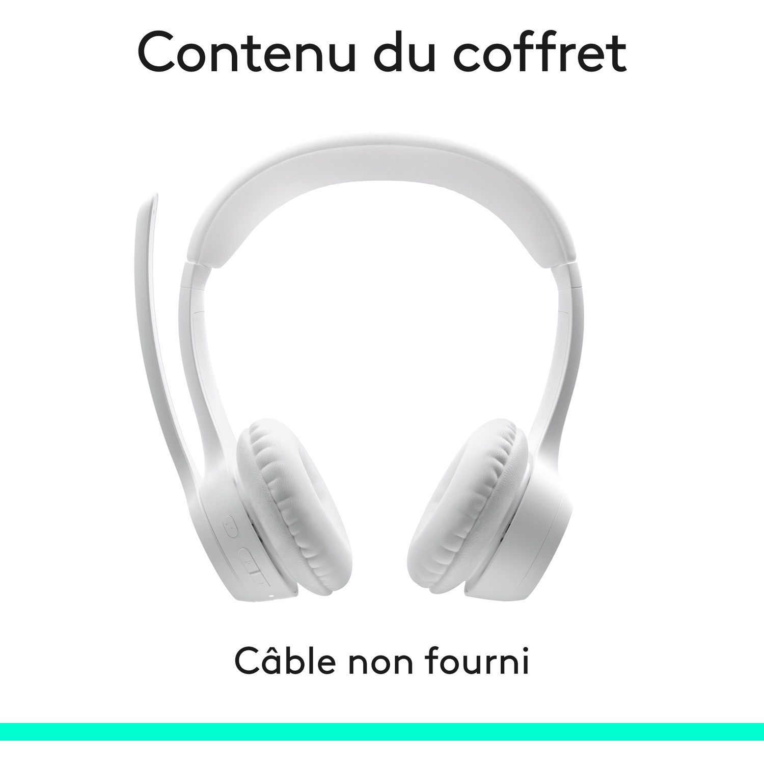Casque supra-auriculaire blanc avec perche micro et texte au-dessus et en dessous.