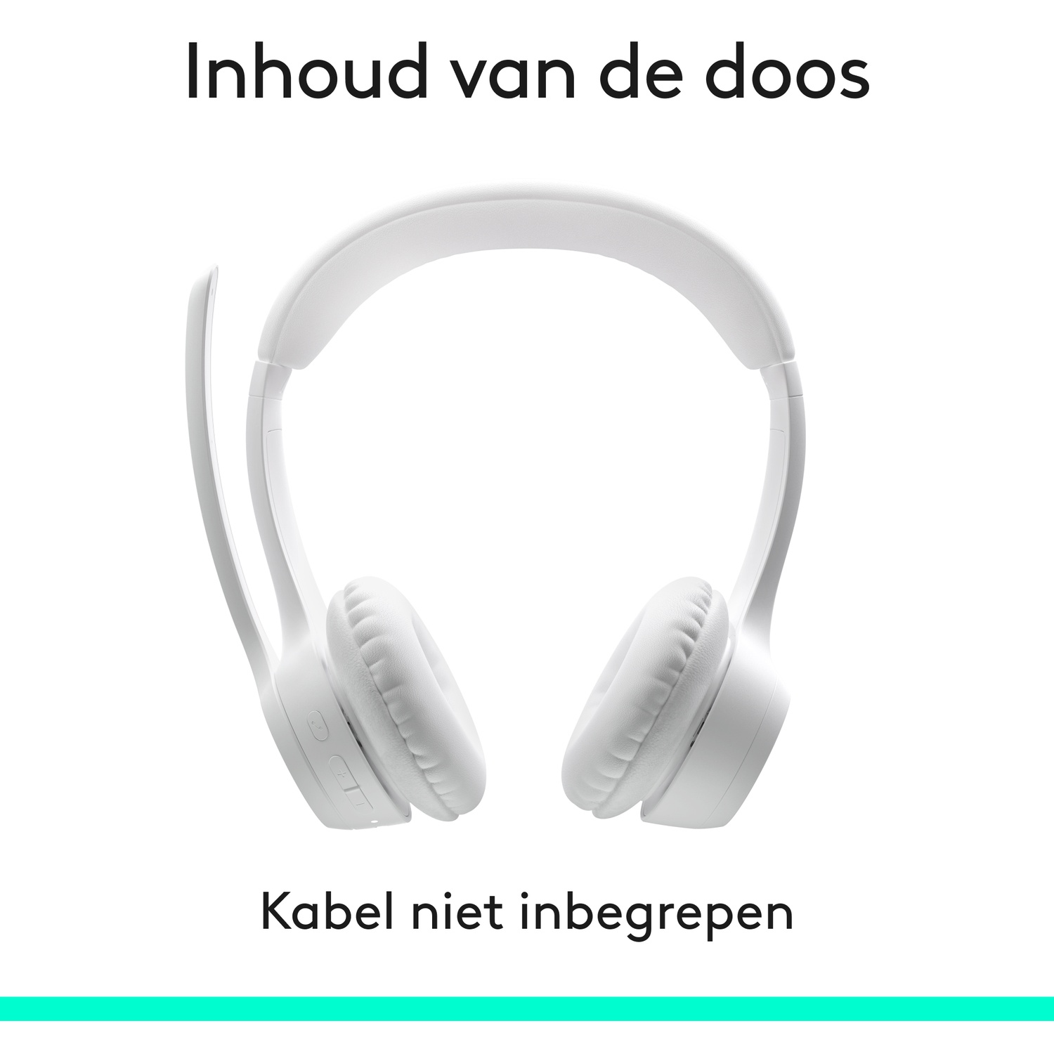 Witte on-ear koptelefoon met microfoon en tekst erboven en eronder.