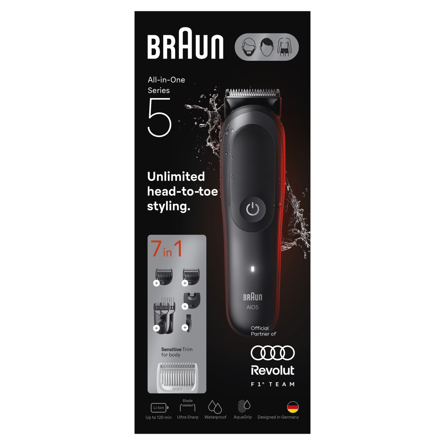 Recortadora Braun Series 5 negra en embalaje con texto y salpicaduras.