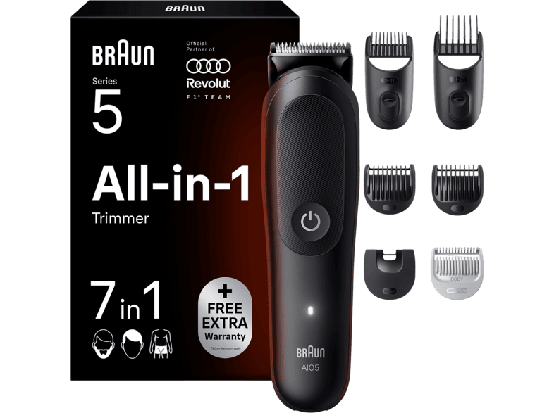 Afeitadora multifunción - Braun Todo En Uno Series 5 AIO5520, Kit De Styling 7 en 1, Lámina Afilada, 14 Longitudes, Barba, Pelo y Cuerpo, Negro mate