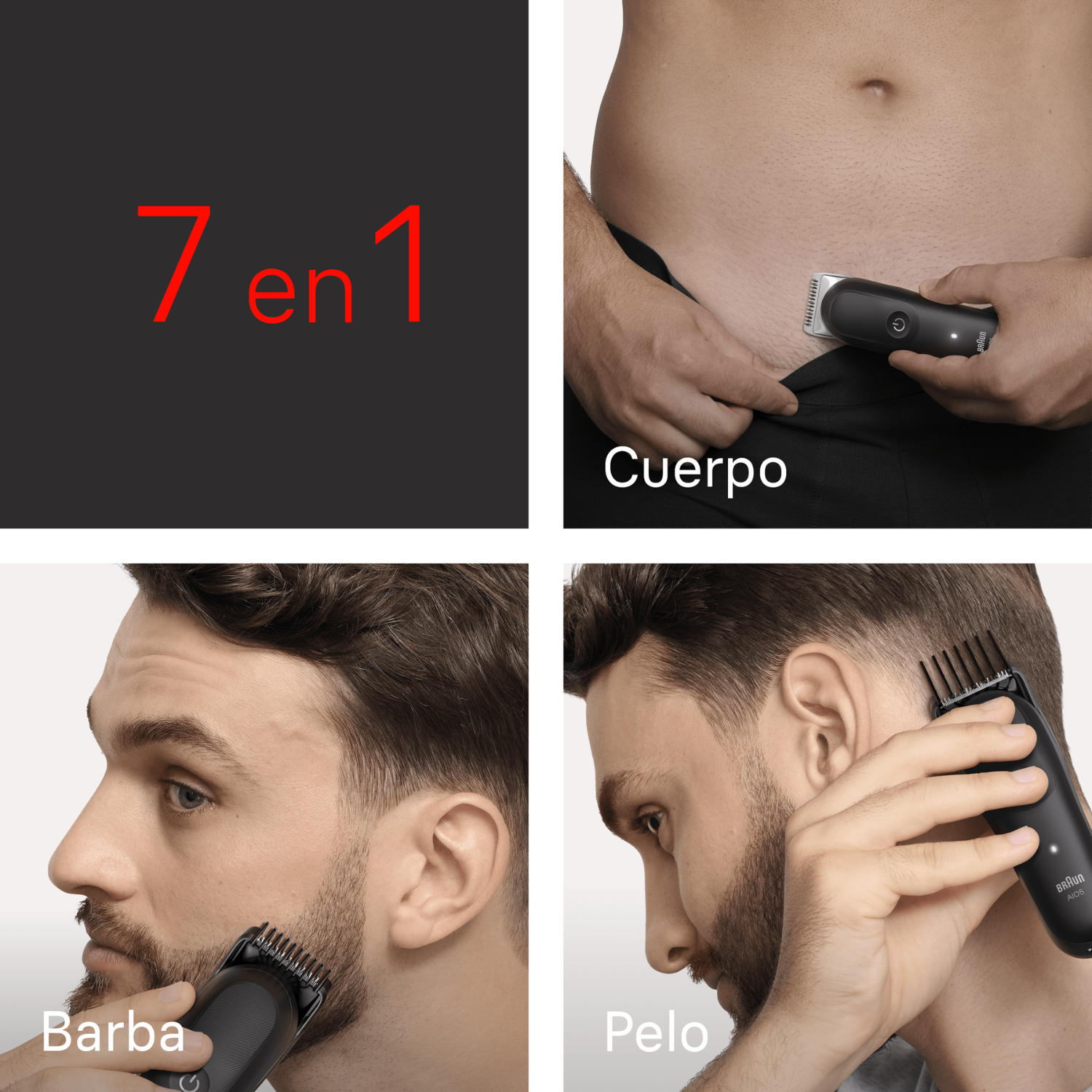 Cuatro imágenes muestran una afeitadora para barba, cabello y cuerpo con texto 7 en 1, Cuerpo, Barba, Pelo.
