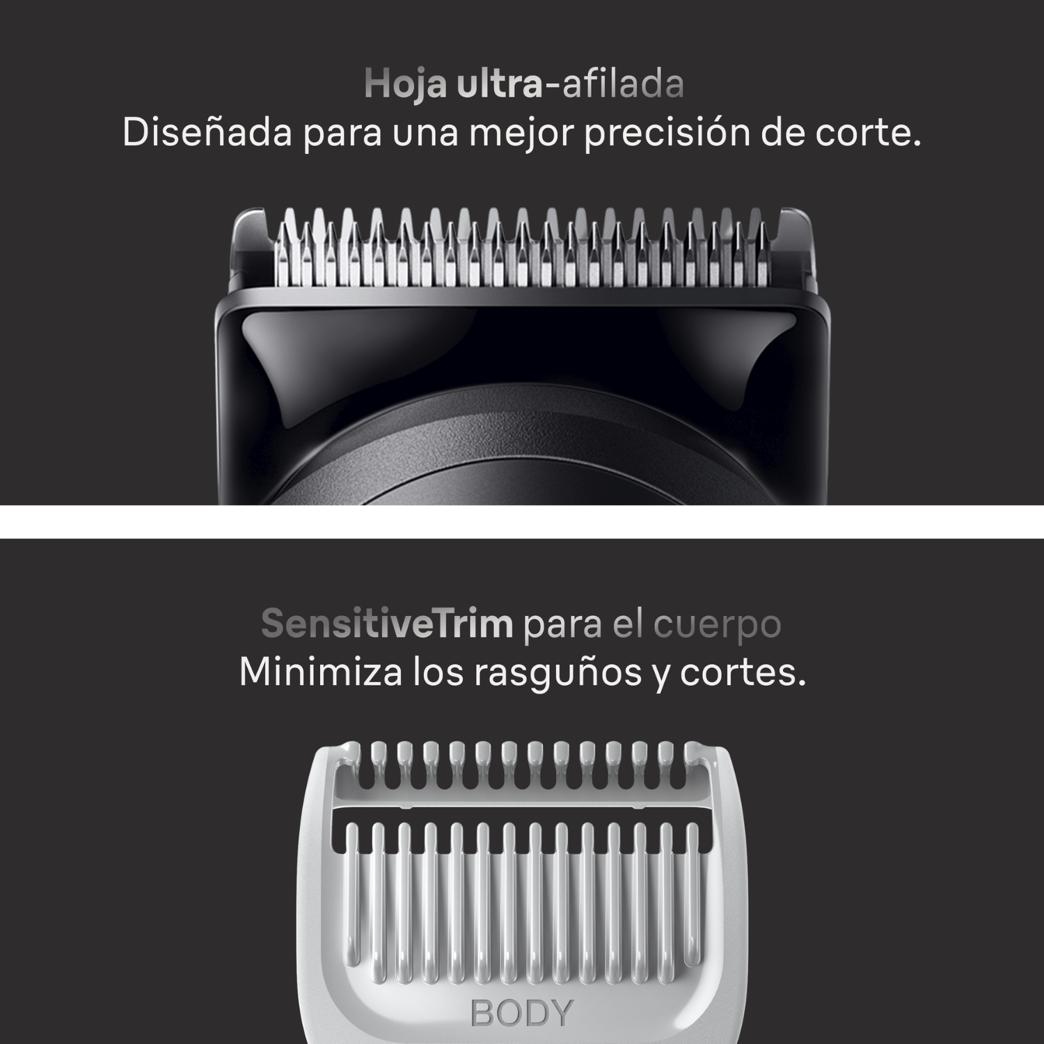 Dos paneles con cuchillas y un accesorio corporal, con texto en español sobre hojas afiladas y corte sensible.