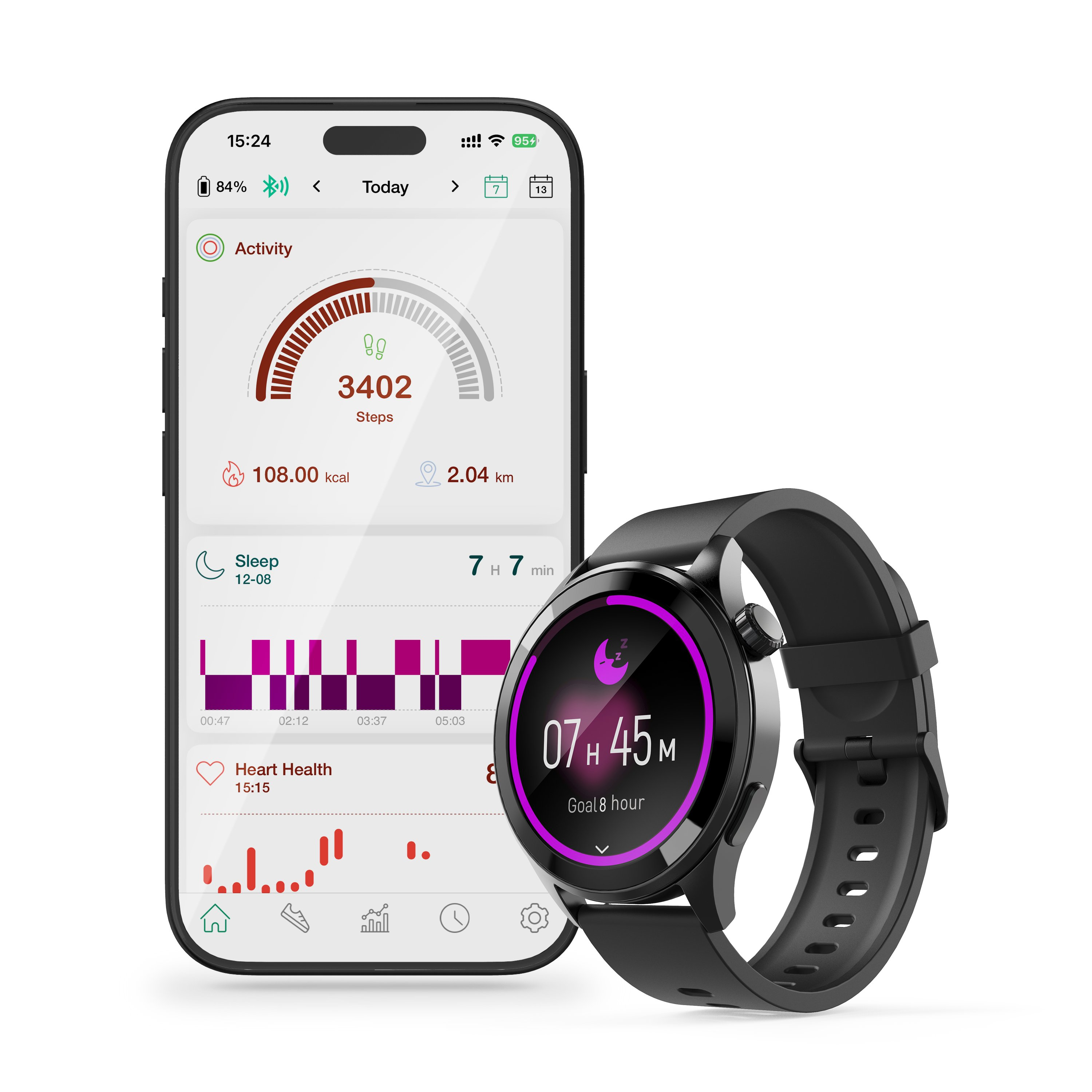Smartphone und schwarze Smartwatch zeigen Fitnessdaten und Schlafstatus an.