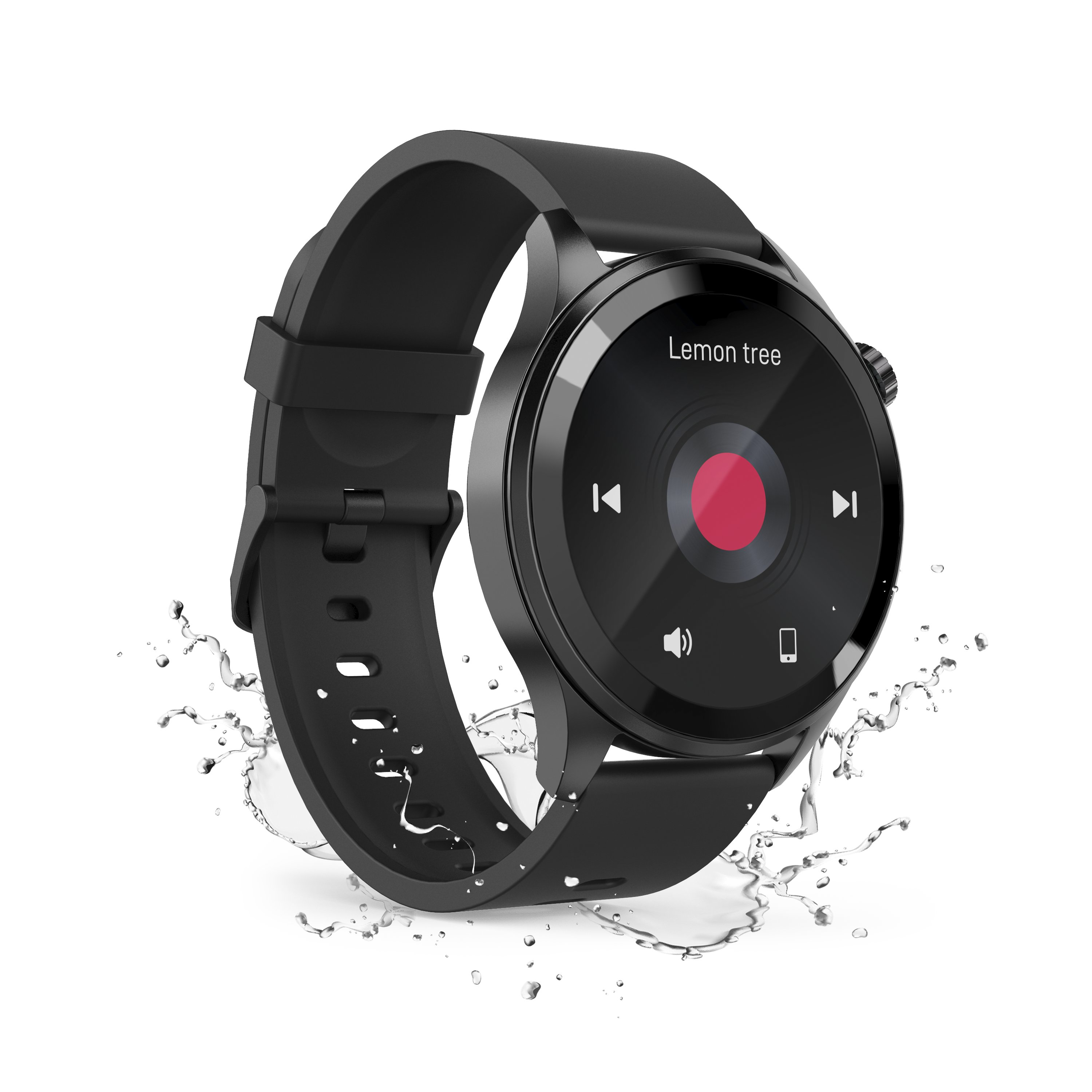Schwarze Smartwatch mit Musikplayer-Display und Wasserspritzern auf weißem Hintergrund.