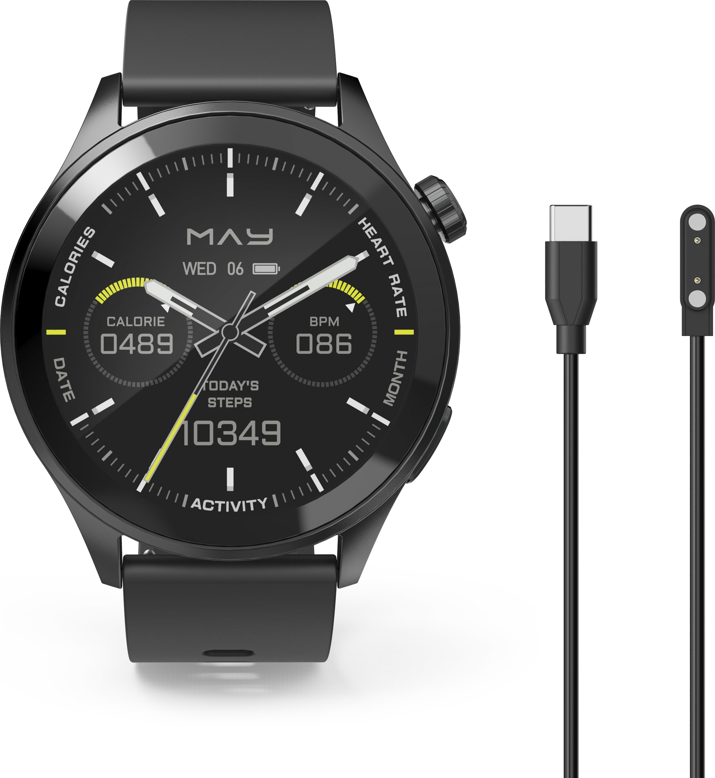 Schwarze Smartwatch mit analogem Zifferblatt und Zubehörkabel.
