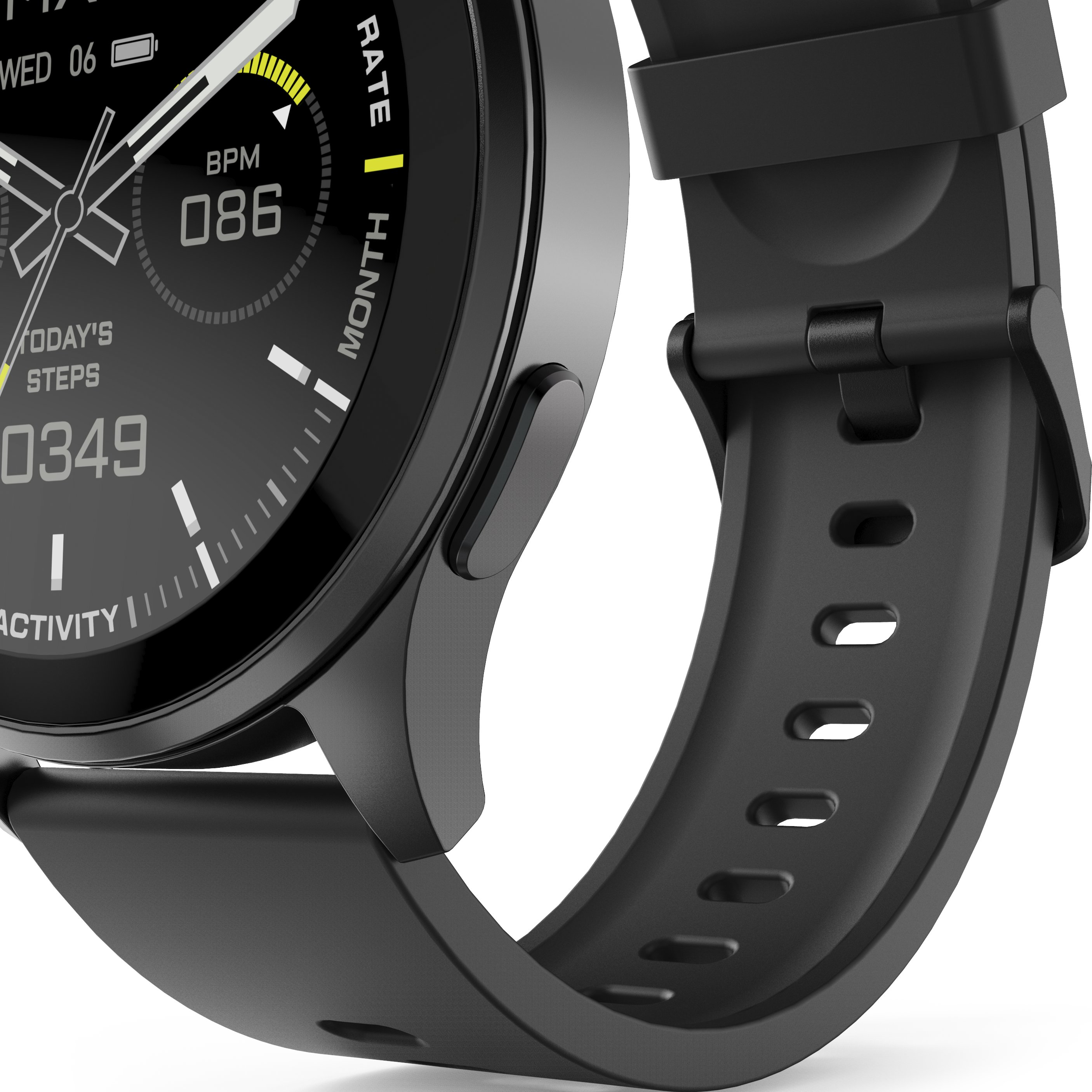 Schwarze Smartwatch mit digitalem Zifferblatt und Armband, Nahaufnahme auf weißem Hintergrund.