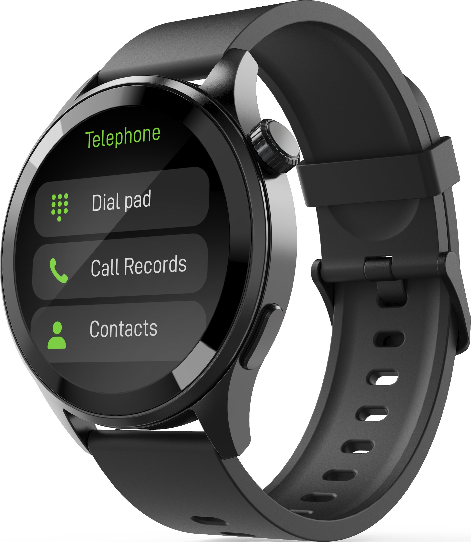 Schwarze Smartwatch mit rundem Display und Telefonmenü auf dem Bildschirm.