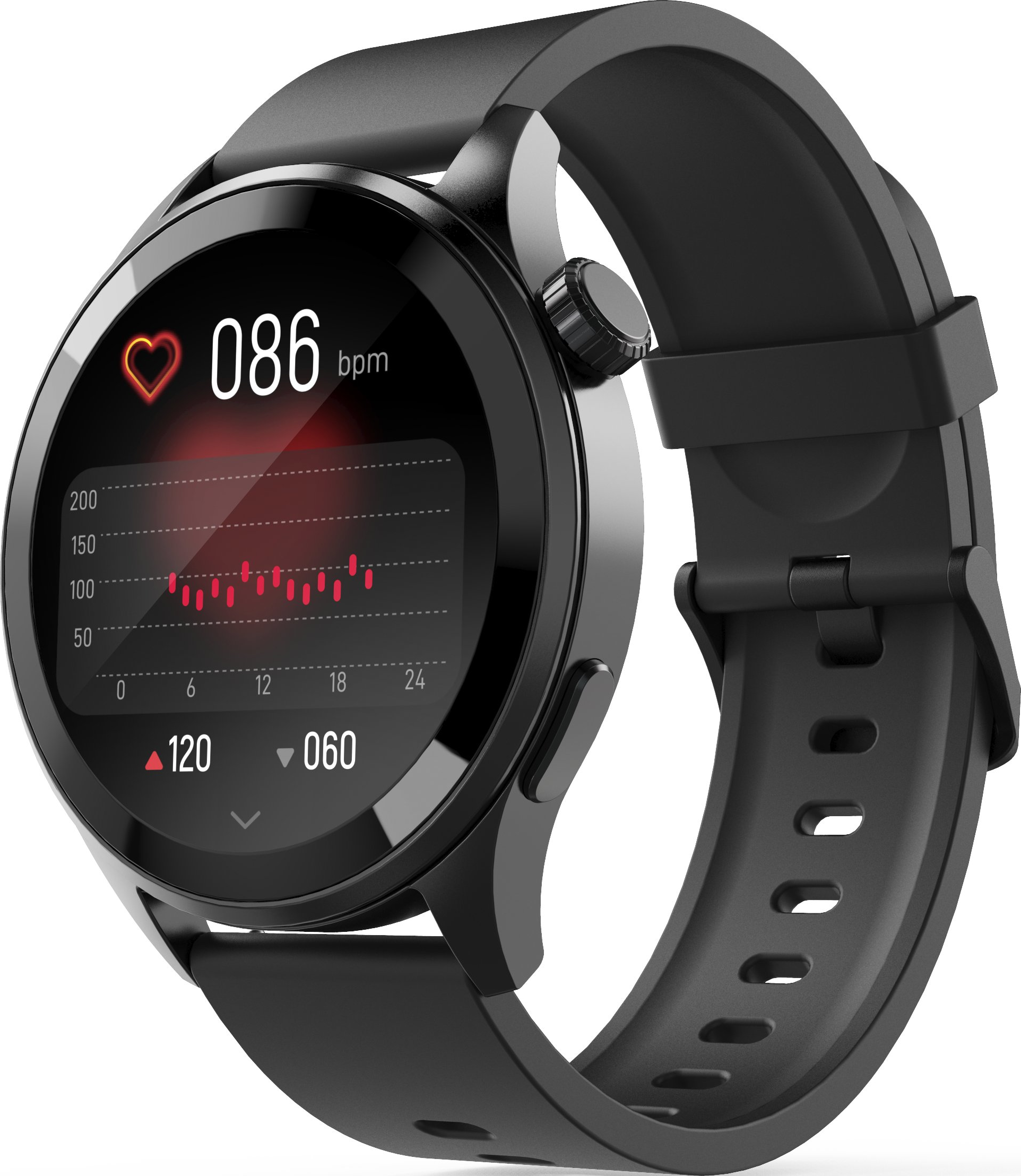 Schwarze Smartwatch mit rundem Display, die eine Herzfrequenz von 086 bpm und ein Diagramm anzeigt.