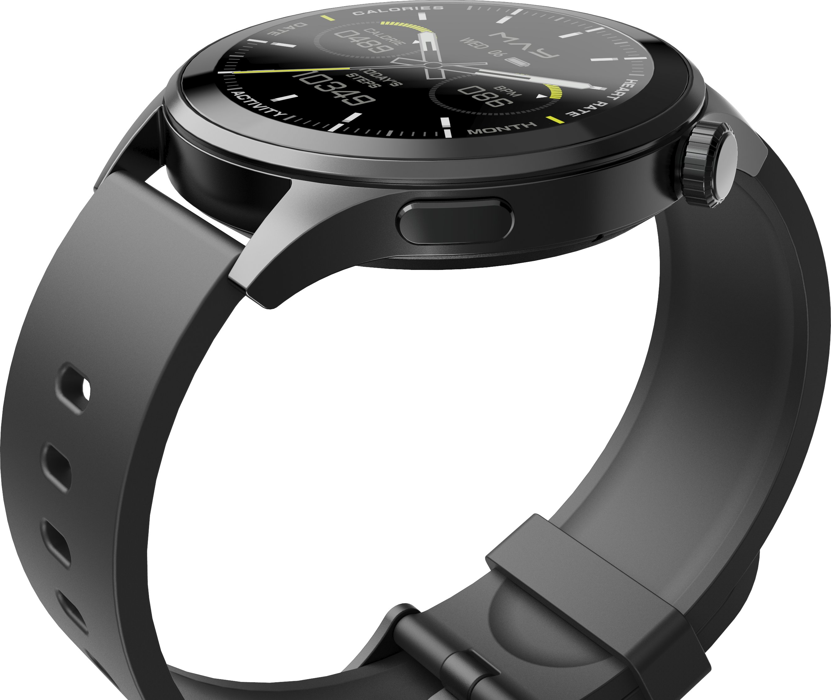 Eine schwarze Smartwatch mit rundem Display und Kautschukarmband vor weißem Hintergrund.