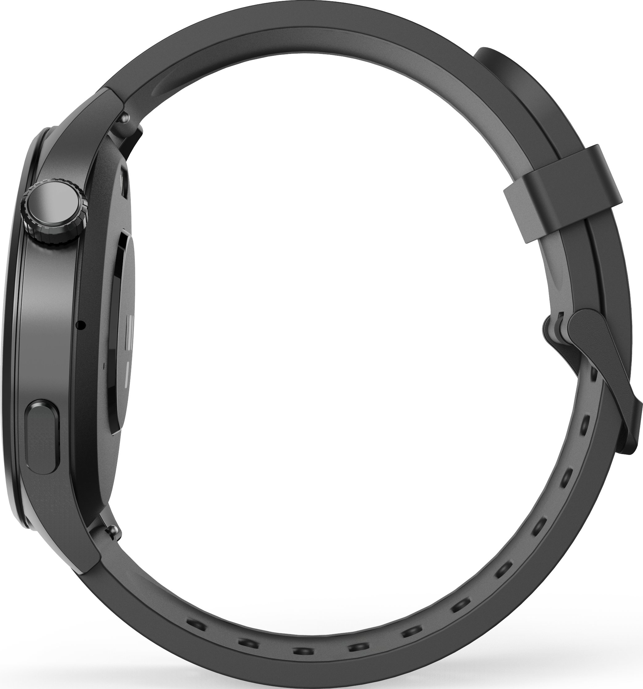 Seitenansicht einer schwarzen Smartwatch mit rundem Gehäuse und gelochtem Armband auf weißem Hintergrund.