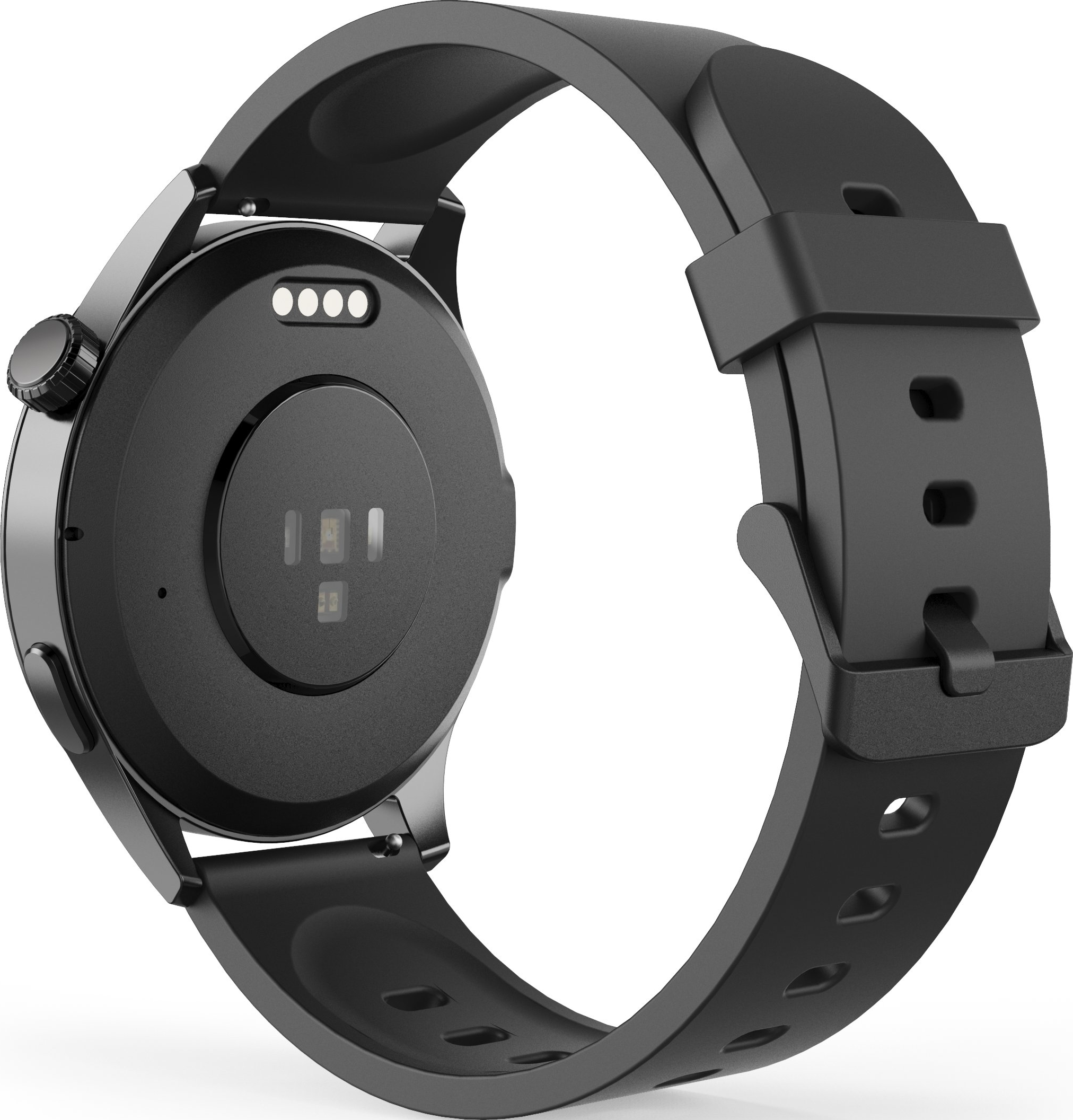 Rückseite einer schwarzen Smartwatch mit Sensoren, Ladekontakten und einem flexiblen Silikonarmband auf weißem Hintergrund.