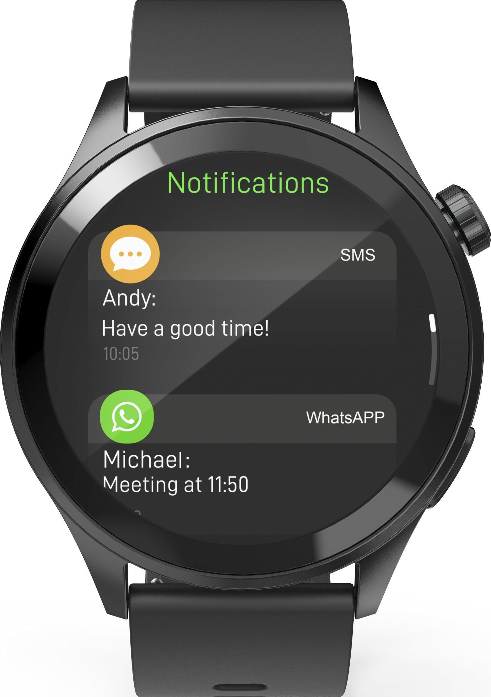 Eine schwarze Smartwatch zeigt SMS- und WhatsApp-Benachrichtigungen auf dem runden Display.