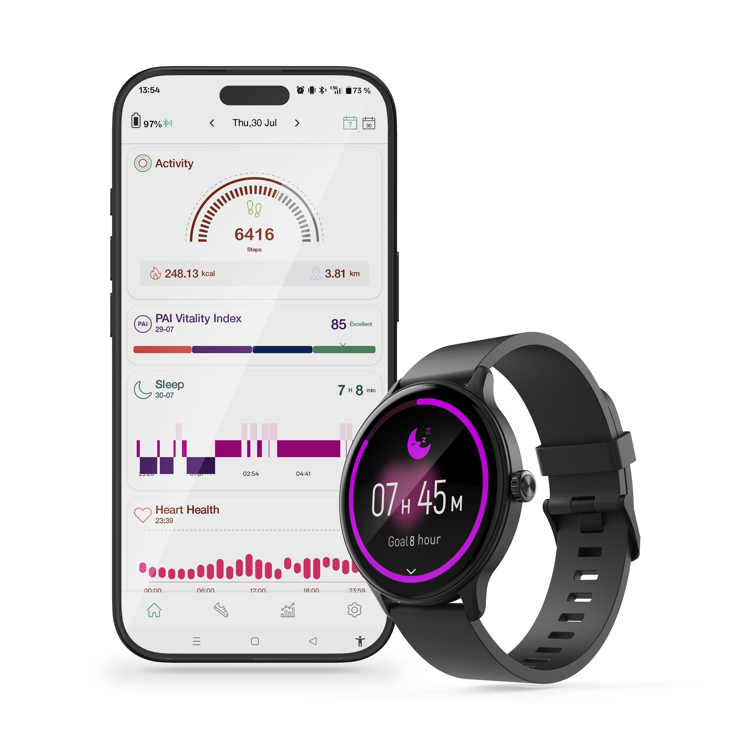 Smartphone et montre connectée noire affichant des données de fitness et de sommeil.