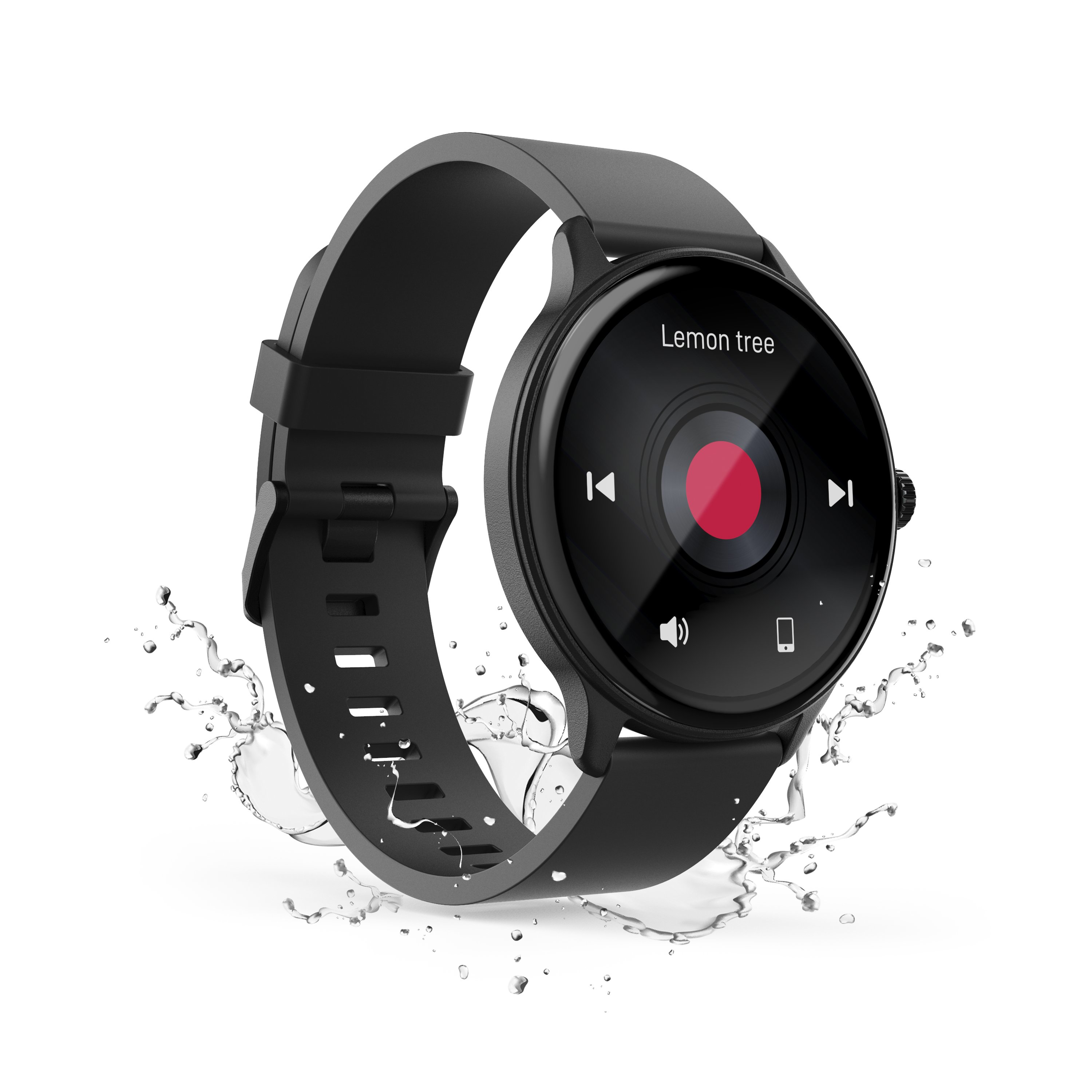 Montre connectée noire à écran rond et lecteur de musique, entourée d'éclaboussures d'eau sur fond blanc.