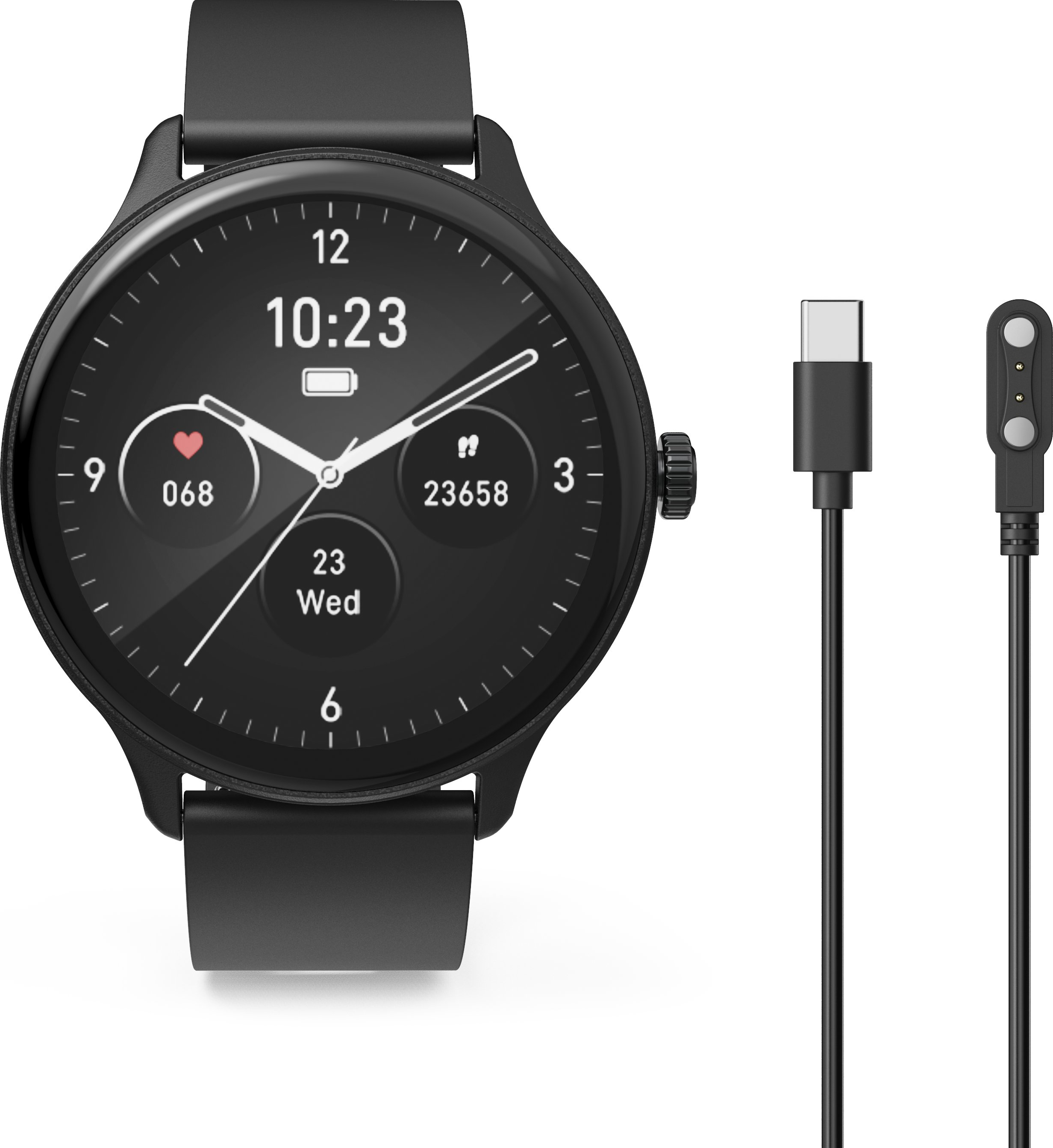 Une montre connectée noire avec un cadran rond et un câble de charge magnétique associé sur fond blanc.