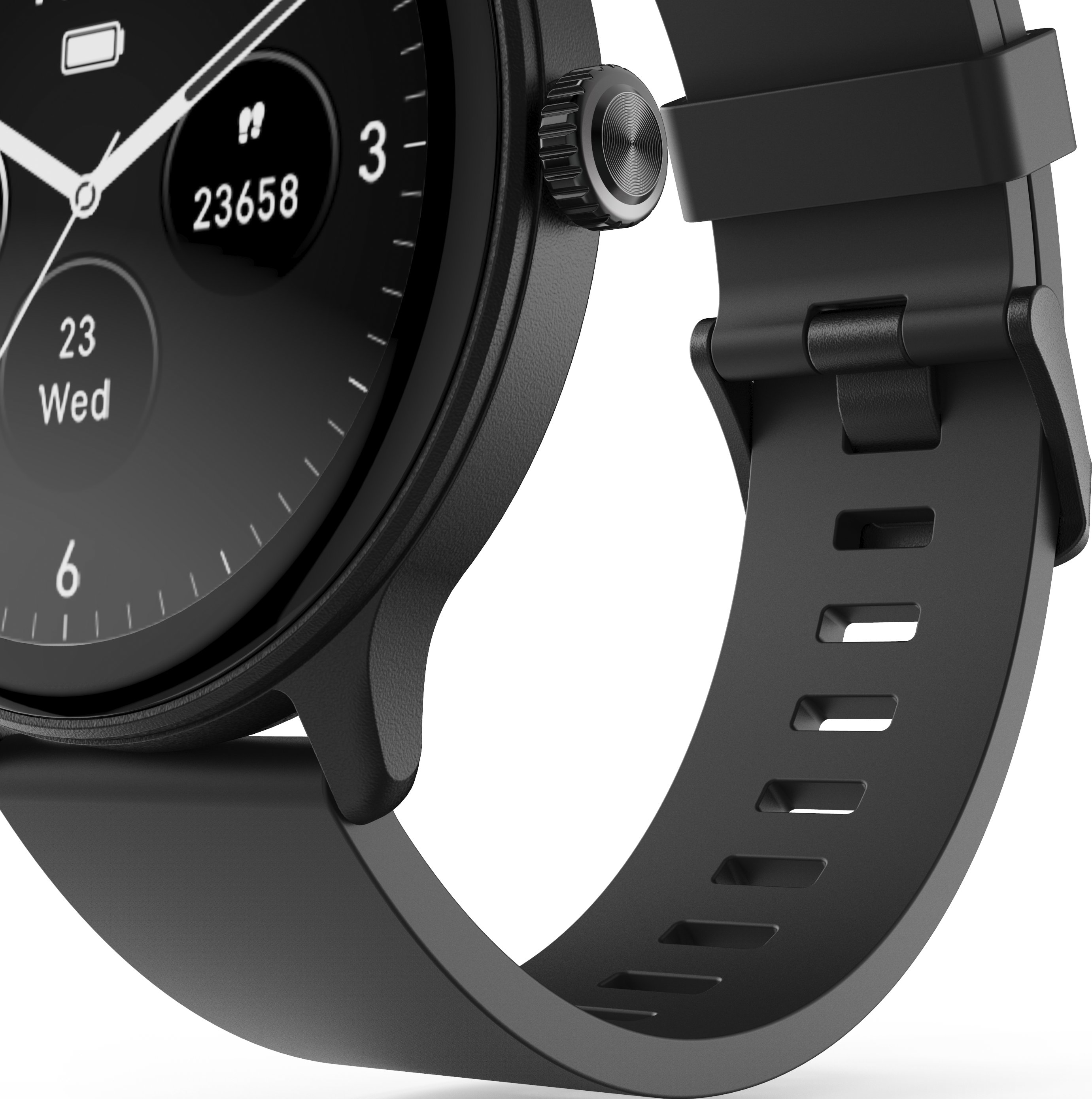 Une montre connectée noire avec un cadran rond et un bracelet en silicone perforé sur fond blanc.