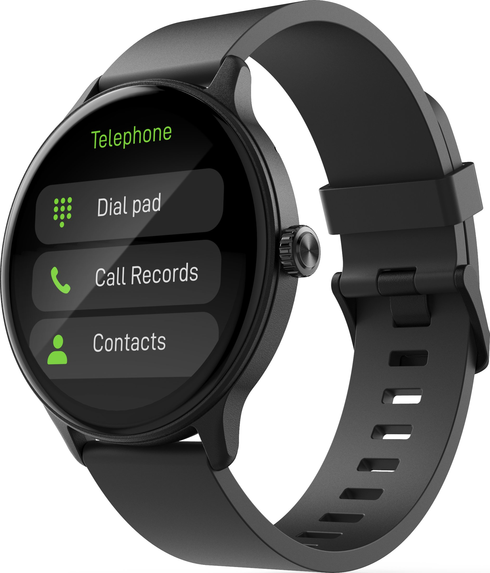 Montre connectée noire avec écran rond affichant le menu téléphone avec clavier, journaux d'appels et contacts.