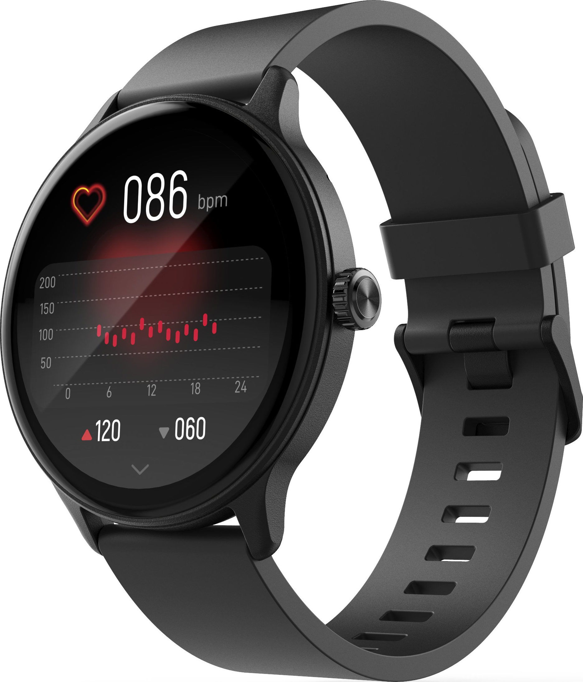 Montre connectée noire avec écran rond affichant la fréquence cardiaque et des données.