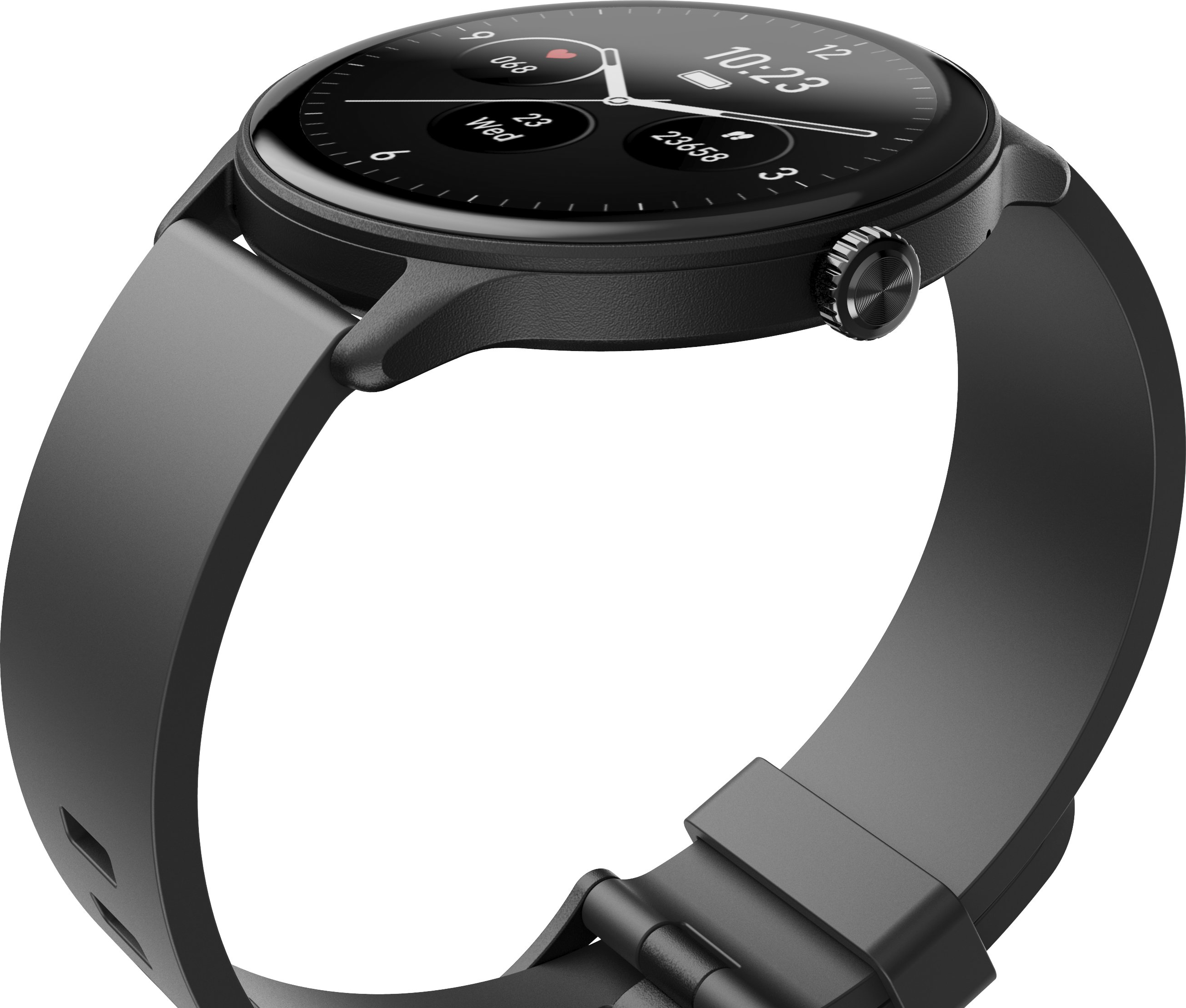 Une montre connectée noire avec un écran rond et un bracelet en caoutchouc sur fond blanc.
